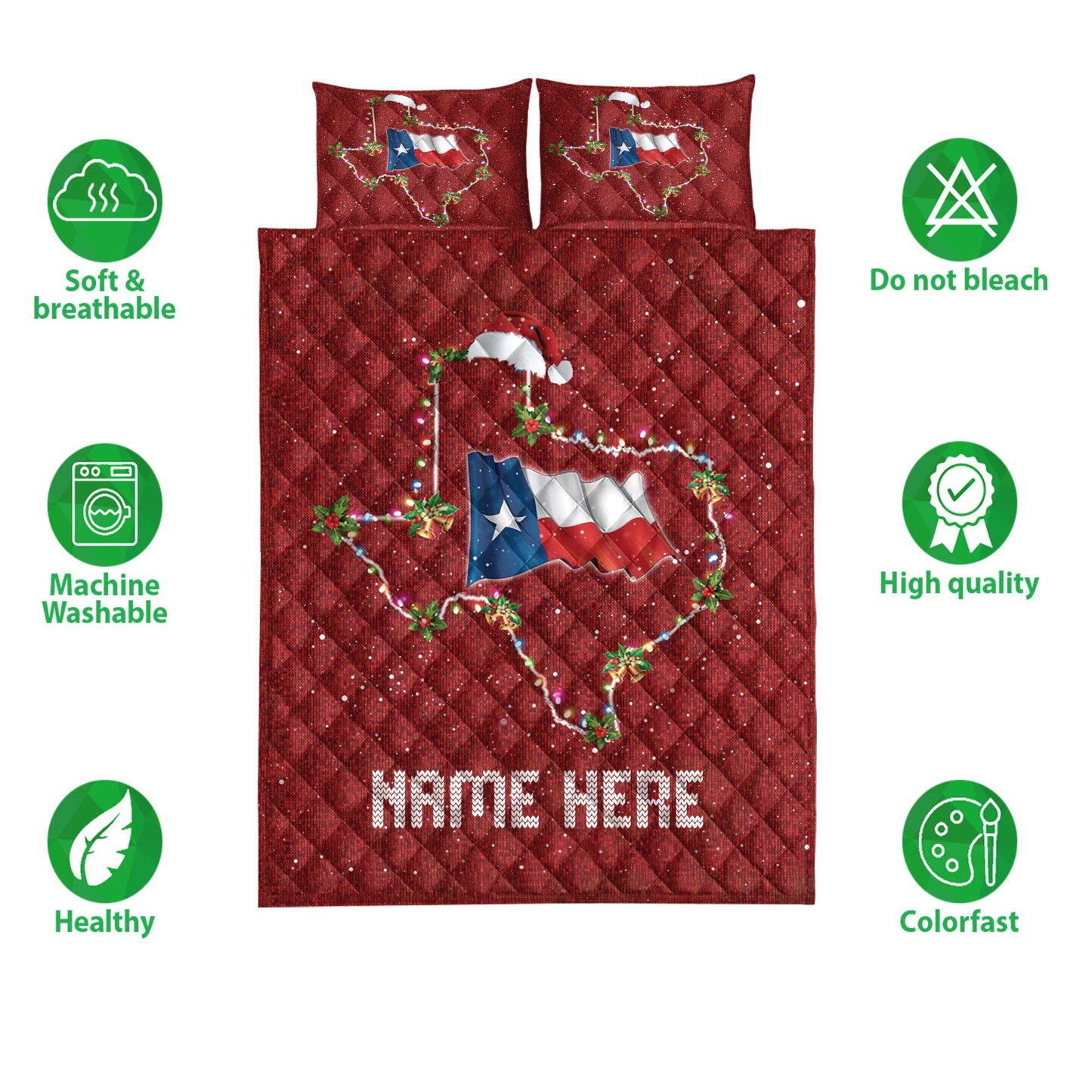 Personalized Texas Flag Quilt Set, Texasmas Hat String Lights Western Quilt Blanket With Pillowcases, Custom Name Quilt Bedding Set, Christmas Gift