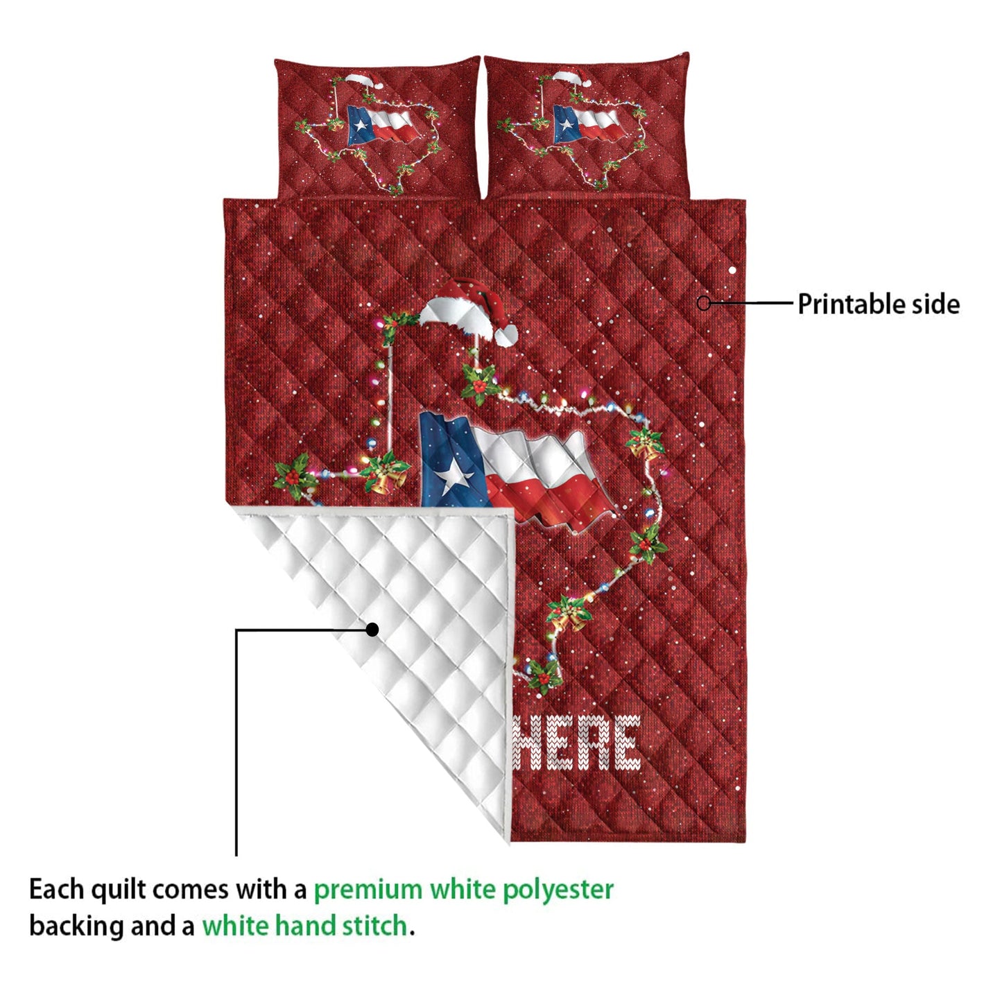 Personalized Texas Flag Quilt Set, Texasmas Hat String Lights Western Quilt Blanket With Pillowcases, Custom Name Quilt Bedding Set, Christmas Gift