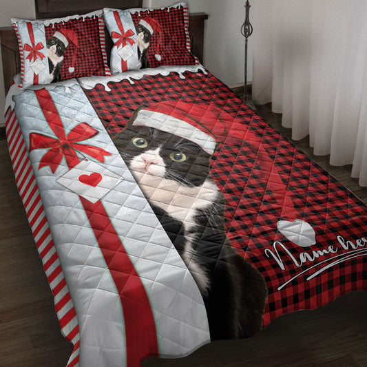 Personalized Tuxedo Cat Quilt Set, Tuxedo Cat Santa Hat Withmas Letter Quilt Blanket With Pillowcases, Custom Name Quilt Bedding Set, Christmas Gift