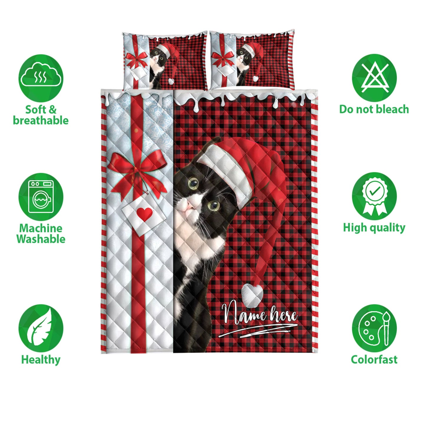 Personalized Tuxedo Cat Quilt Set, Tuxedo Cat Santa Hat Withmas Letter Quilt Blanket With Pillowcases, Custom Name Quilt Bedding Set, Christmas Gift