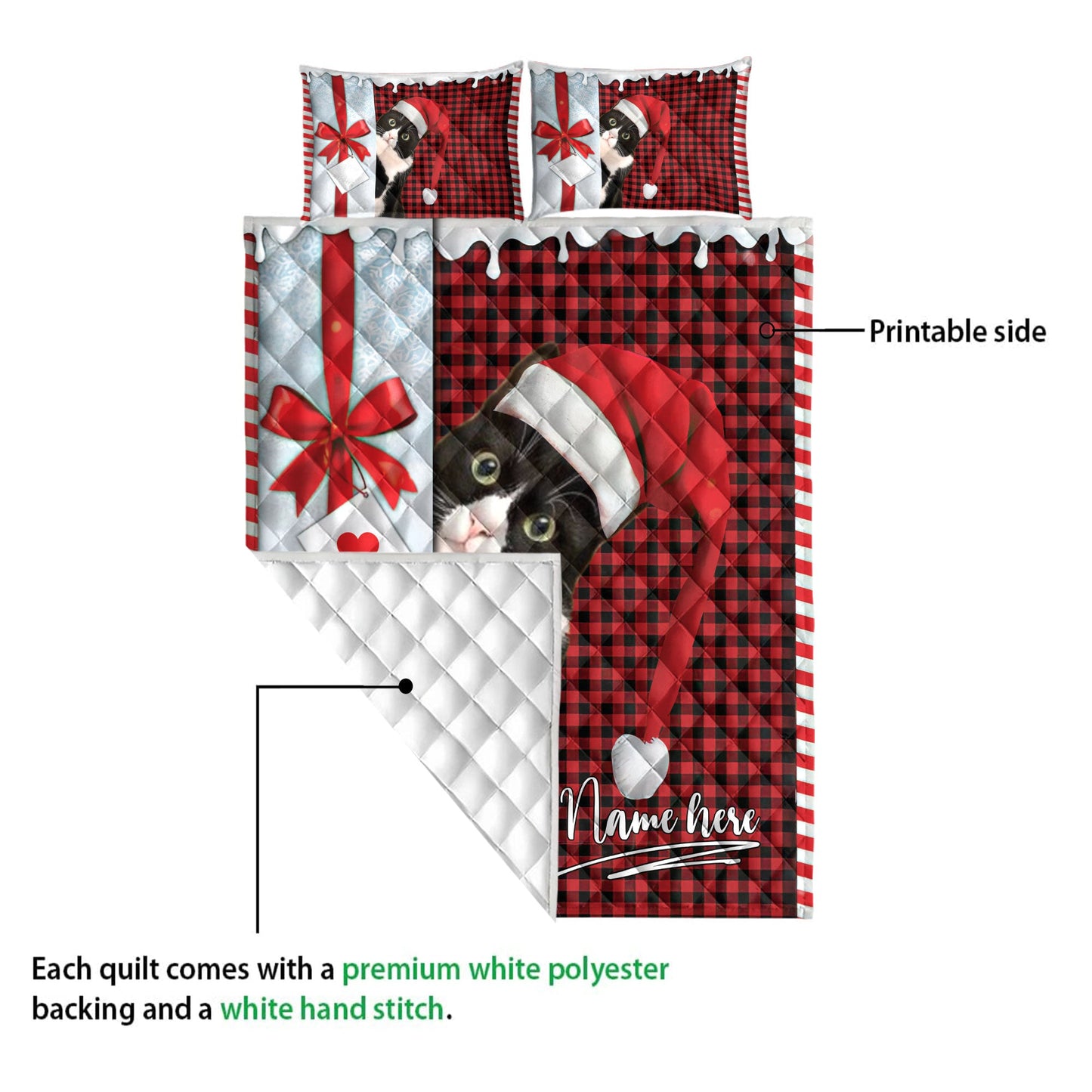 Personalized Tuxedo Cat Quilt Set, Tuxedo Cat Santa Hat Withmas Letter Quilt Blanket With Pillowcases, Custom Name Quilt Bedding Set, Christmas Gift
