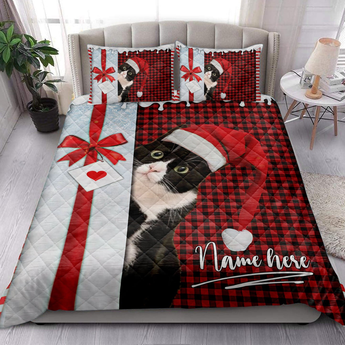 Personalized Tuxedo Cat Quilt Set, Tuxedo Cat Santa Hat Withmas Letter Quilt Blanket With Pillowcases, Custom Name Quilt Bedding Set, Christmas Gift