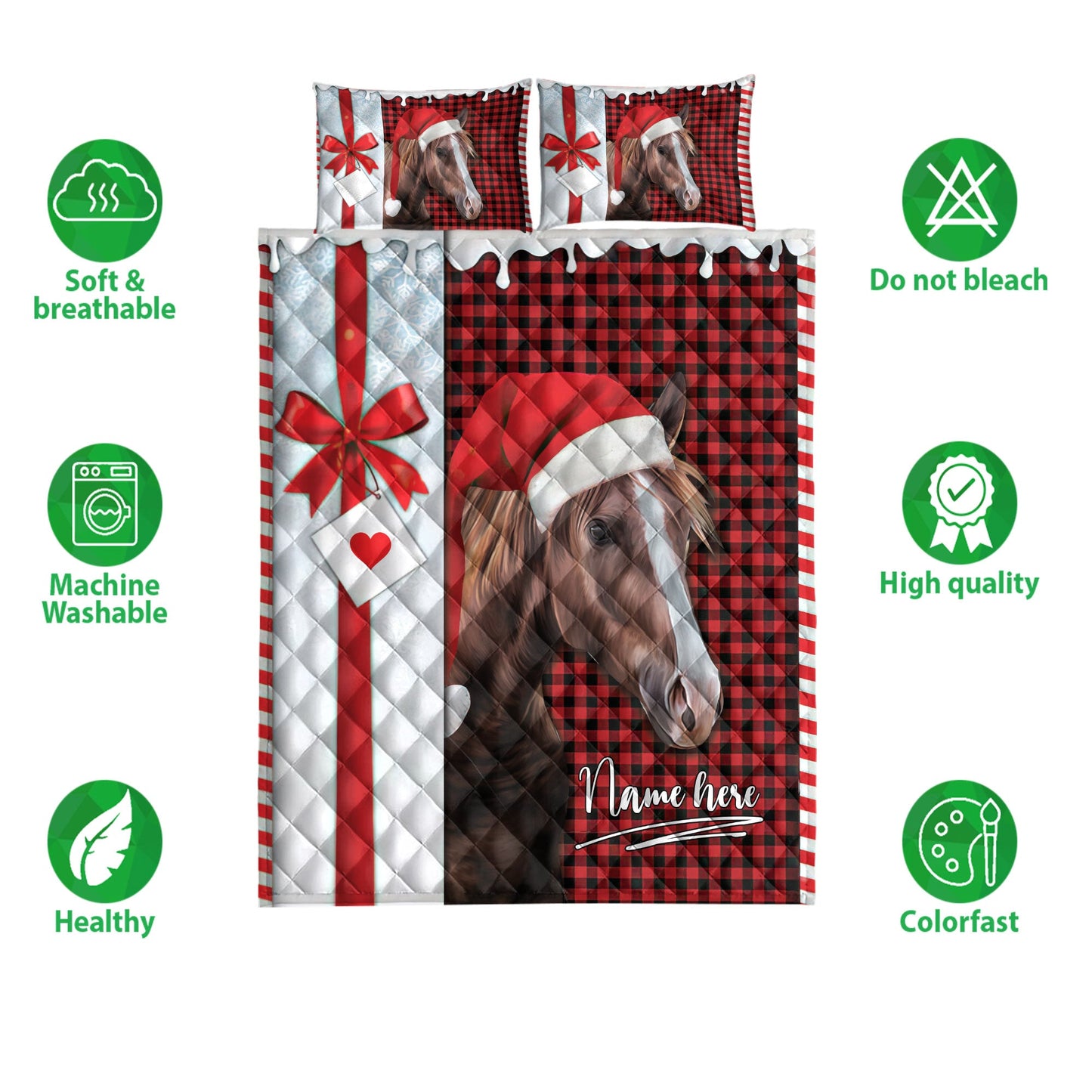Personalized Horse Quilt Set, Horse Santa Hat Withmas Letter Quilt Blanket With Pillowcases, Custom Name Quilt Bedding Set, Christmas Gift