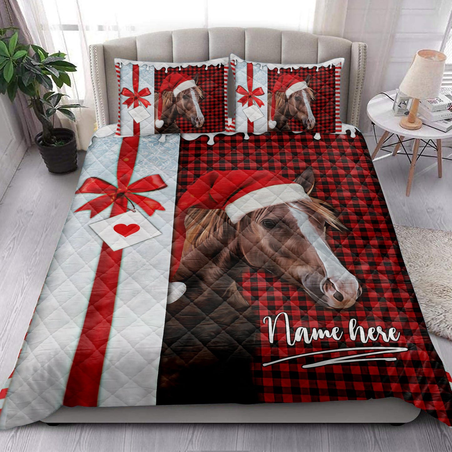 Personalized Horse Quilt Set, Horse Santa Hat Withmas Letter Quilt Blanket With Pillowcases, Custom Name Quilt Bedding Set, Christmas Gift