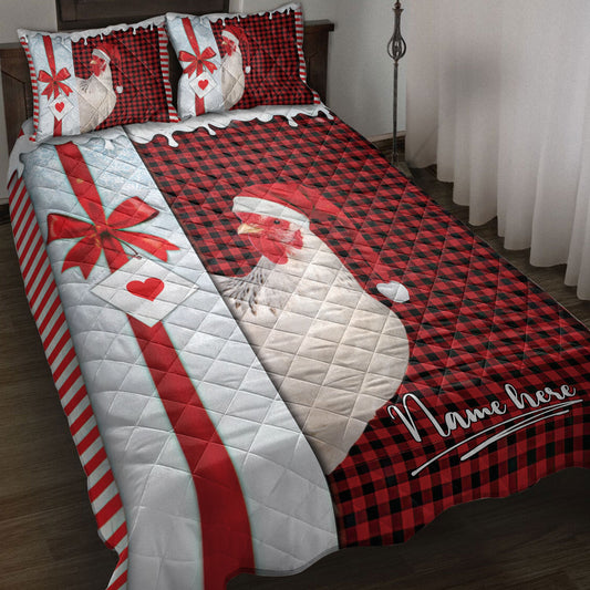 Personalized Chicken Quilt Set, Chicken Santa Hat Withmas Letter Quilt Blanket With Pillowcases, Custom Name Quilt Bedding Set, Christmas Gift