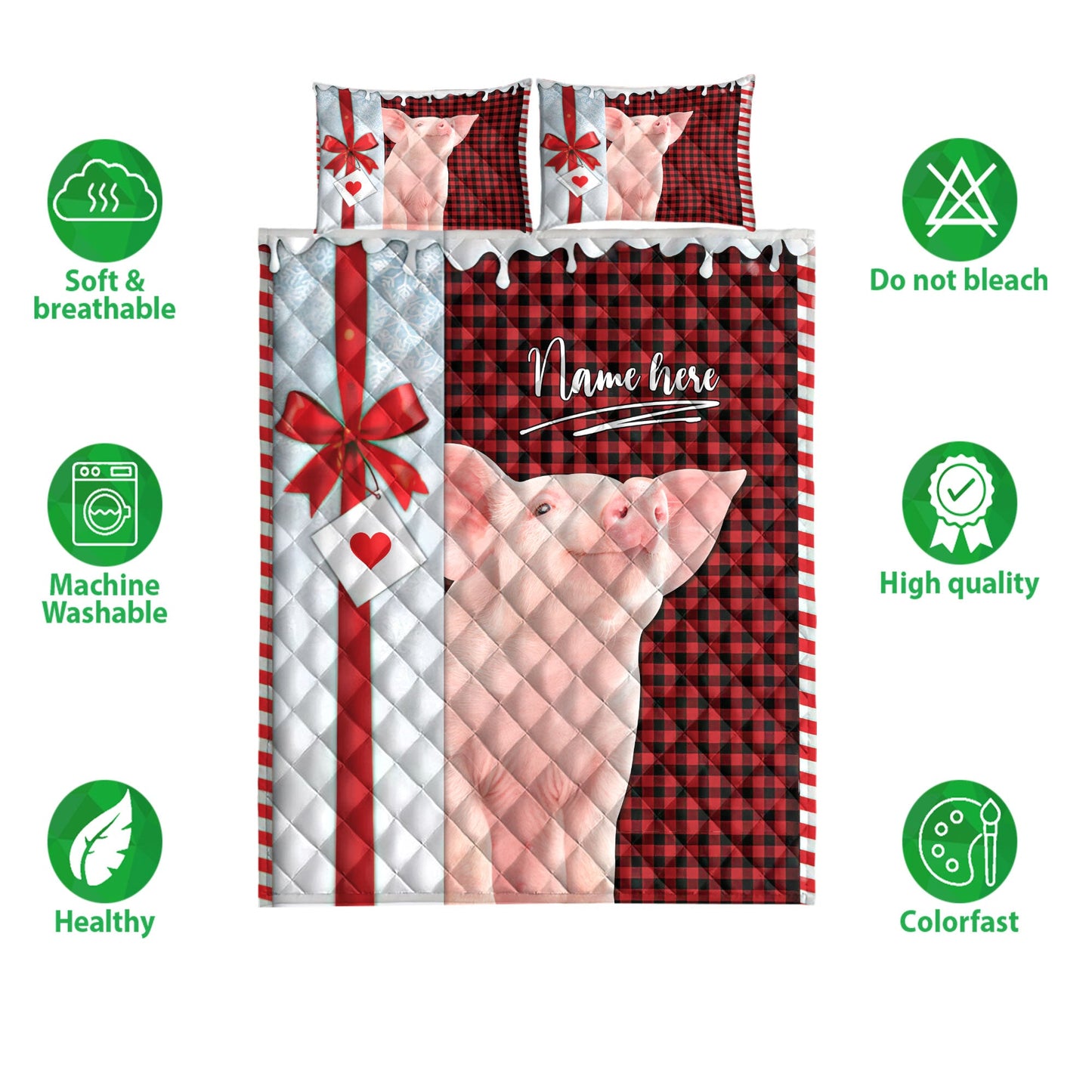 Personalized Pig Quilt Set, Pig Santa Hat Withmas Letter Quilt Blanket With Pillowcases, Custom Name Quilt Bedding Set, Christmas Gift