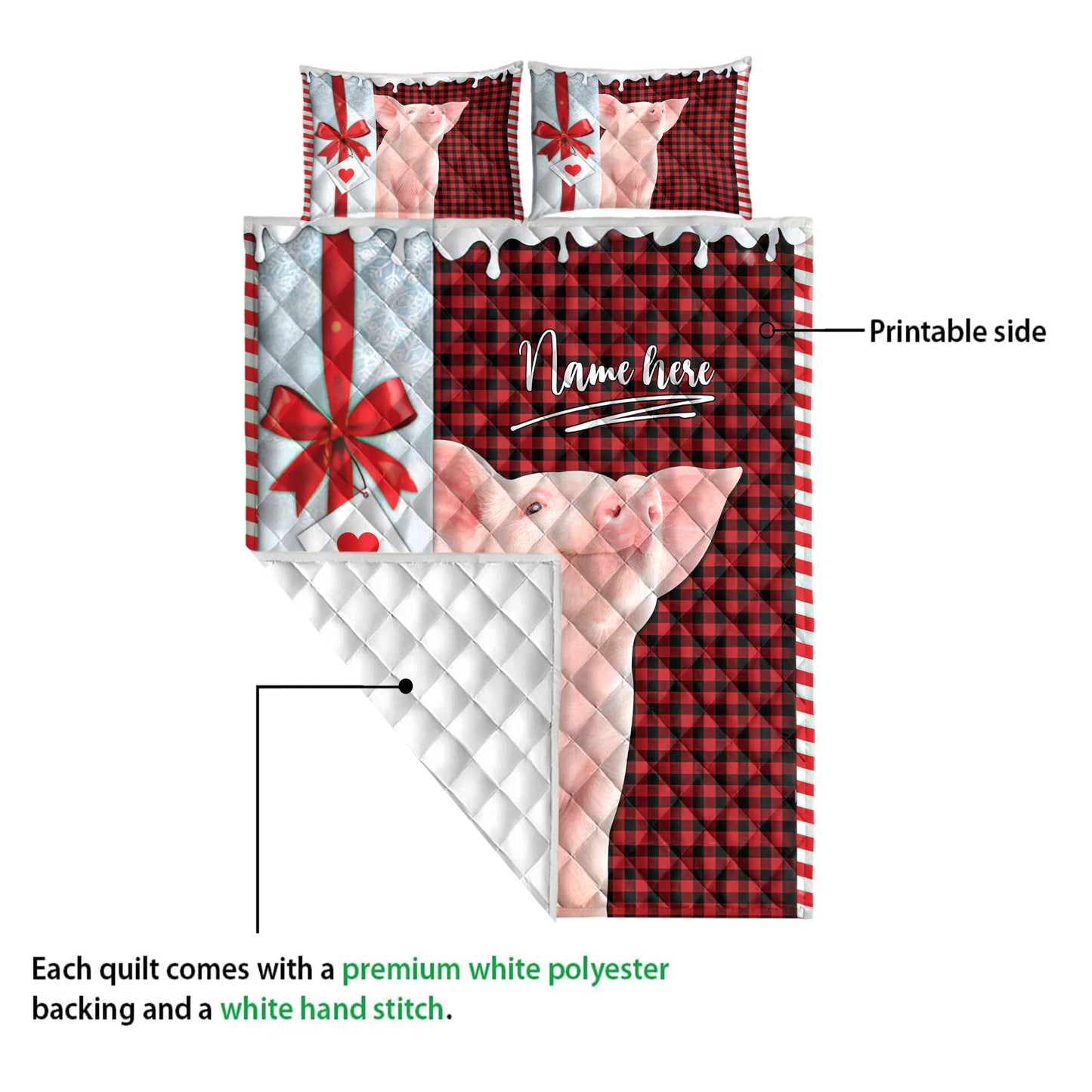 Personalized Pig Quilt Set, Pig Santa Hat Withmas Letter Quilt Blanket With Pillowcases, Custom Name Quilt Bedding Set, Christmas Gift