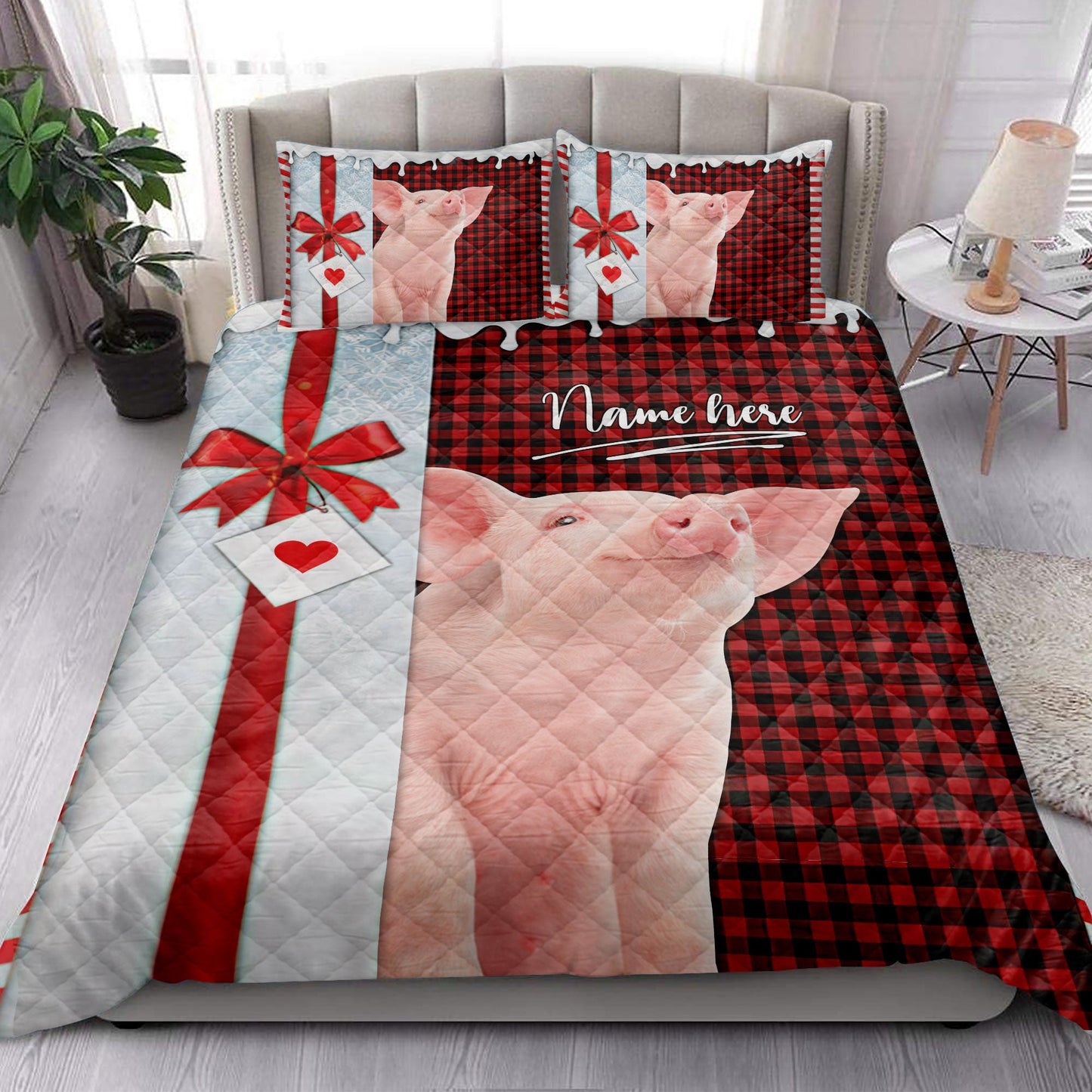 Personalized Pig Quilt Set, Pig Santa Hat Withmas Letter Quilt Blanket With Pillowcases, Custom Name Quilt Bedding Set, Christmas Gift