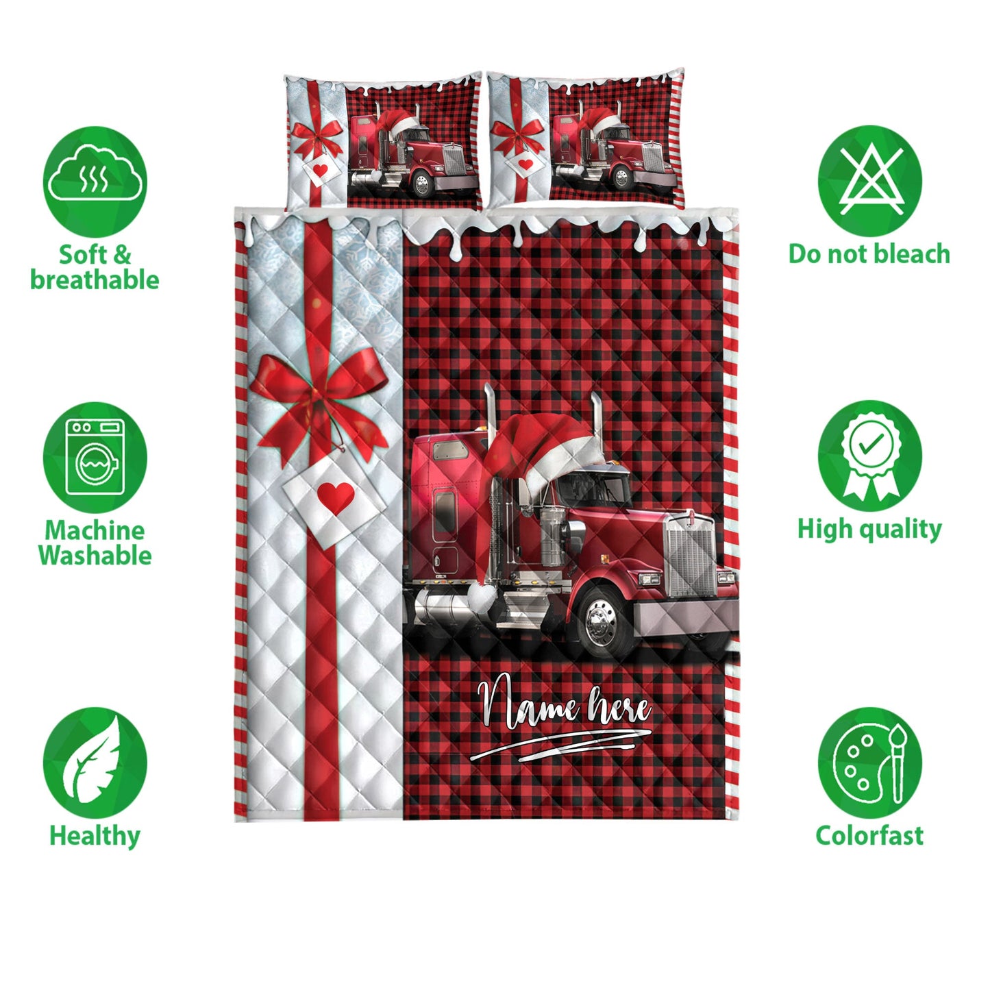 Personalized Trucker Quilt Set, Red Truck Santa Hat Withmas Trucker Quilt Blanket With Pillowcases, Custom Name Quilt Bedding Set, Christmas Gift