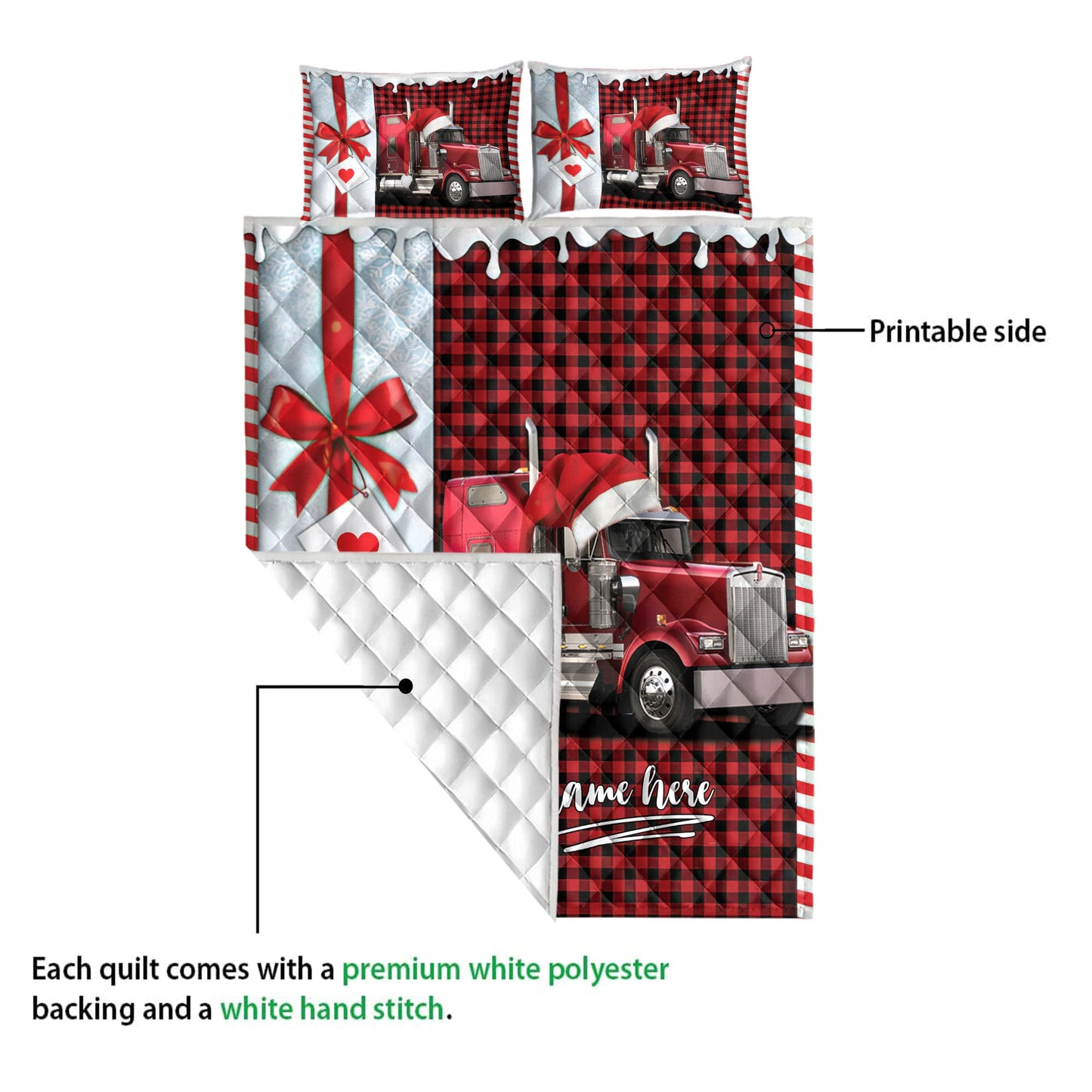 Personalized Trucker Quilt Set, Red Truck Santa Hat Withmas Trucker Quilt Blanket With Pillowcases, Custom Name Quilt Bedding Set, Christmas Gift
