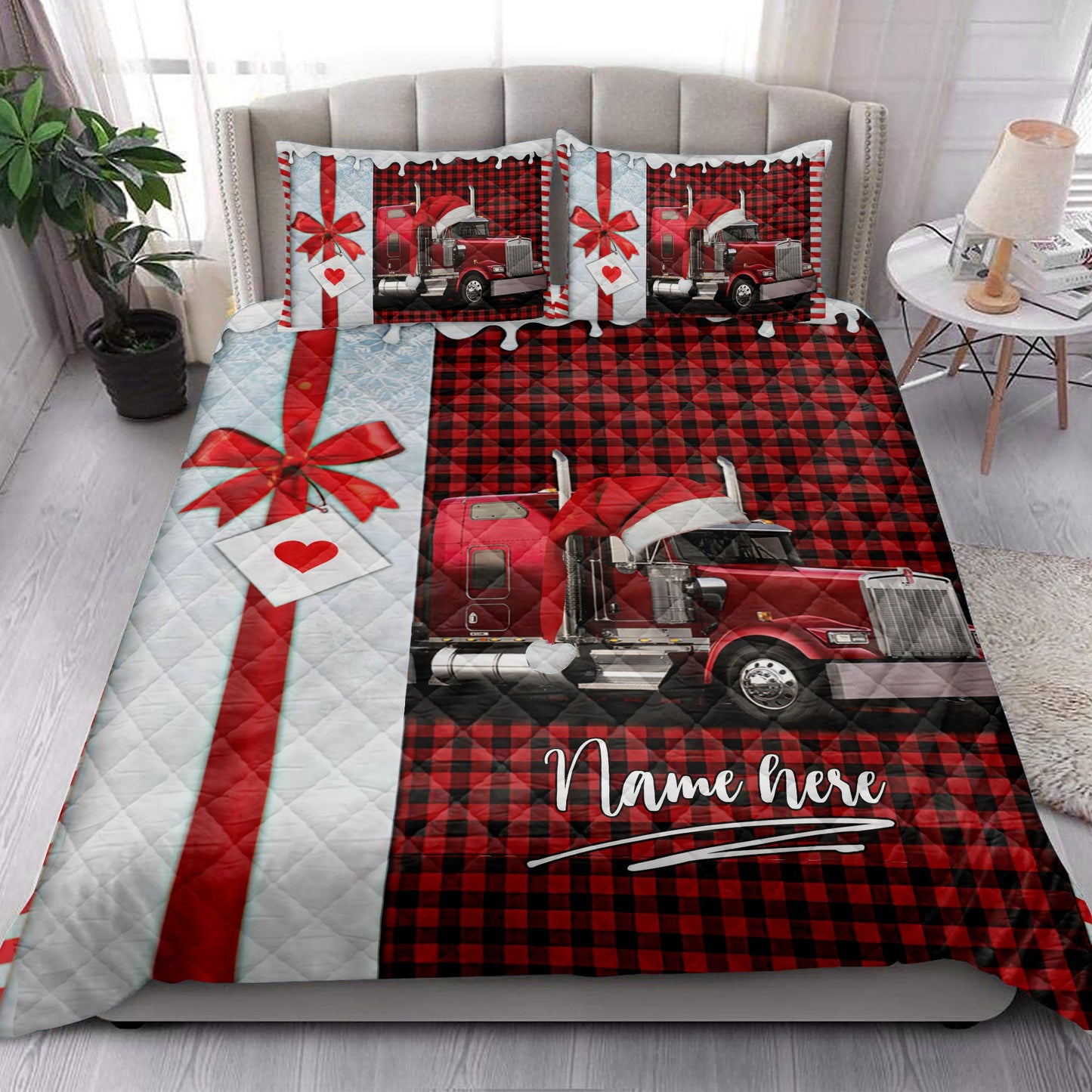 Personalized Trucker Quilt Set, Red Truck Santa Hat Withmas Trucker Quilt Blanket With Pillowcases, Custom Name Quilt Bedding Set, Christmas Gift
