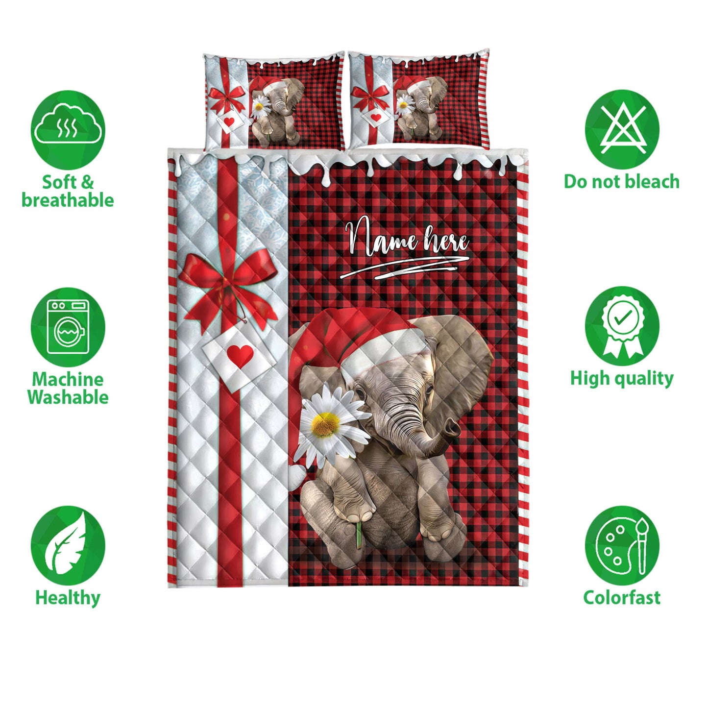 Personalized Elephant Quilt Set, Elephant Santa Hat Withmas Letter Quilt Blanket With Pillowcases, Custom Name Quilt Bedding Set, Christmas Gift