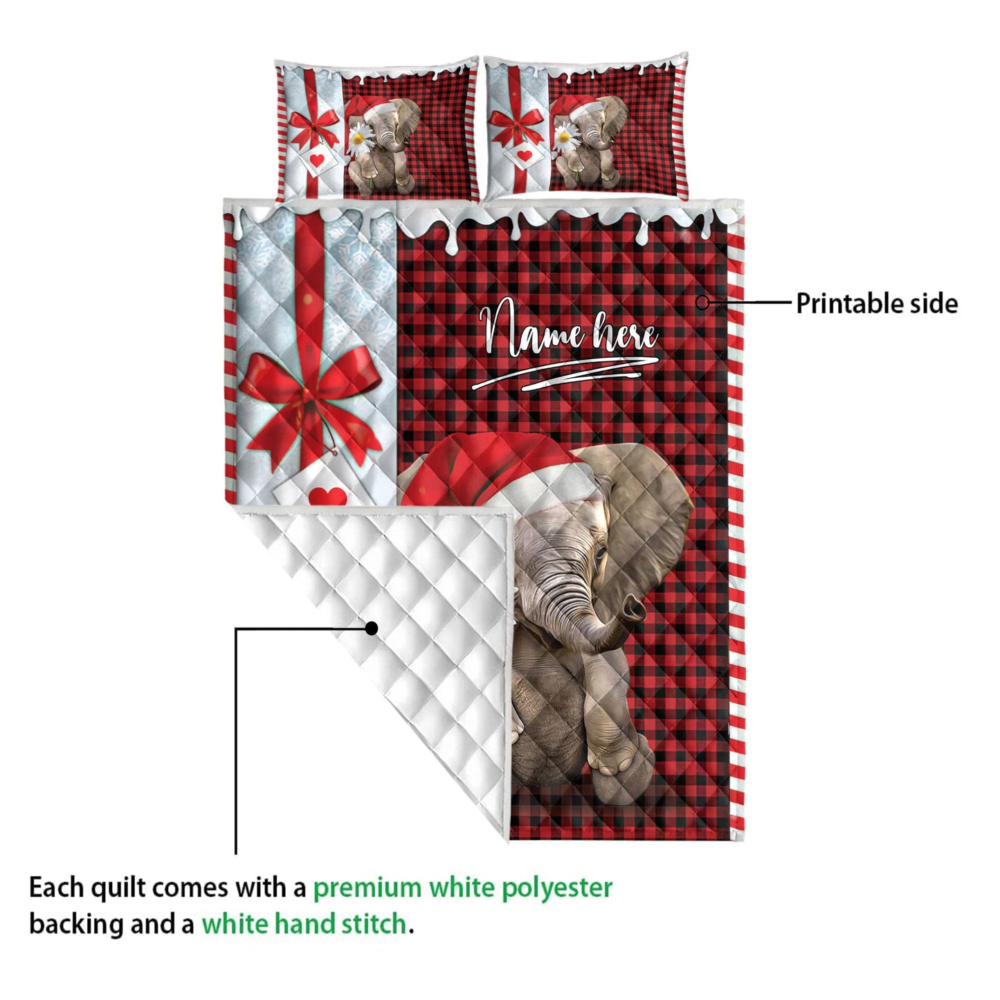 Personalized Elephant Quilt Set, Elephant Santa Hat Withmas Letter Quilt Blanket With Pillowcases, Custom Name Quilt Bedding Set, Christmas Gift