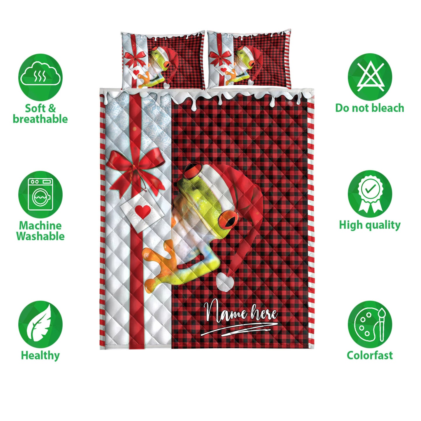 Personalized Frog Quilt Set, Frog Santa Hat Withmas Letter Quilt Blanket With Pillowcases, Custom Name Quilt Bedding Set, Christmas Gift