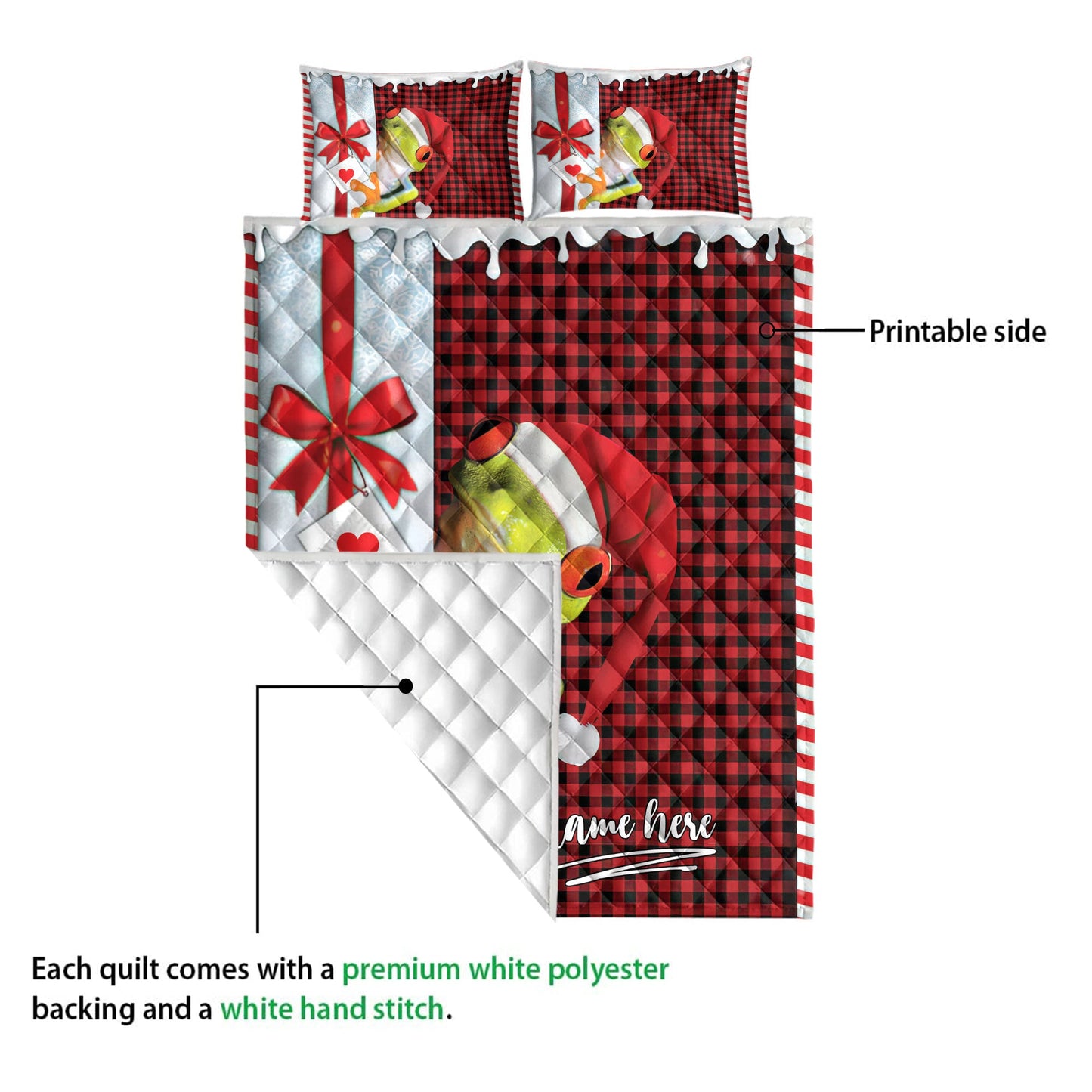 Personalized Frog Quilt Set, Frog Santa Hat Withmas Letter Quilt Blanket With Pillowcases, Custom Name Quilt Bedding Set, Christmas Gift
