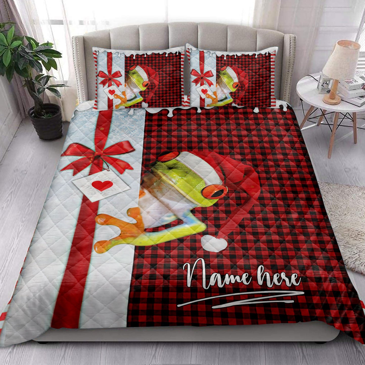 Personalized Frog Quilt Set, Frog Santa Hat Withmas Letter Quilt Blanket With Pillowcases, Custom Name Quilt Bedding Set, Christmas Gift