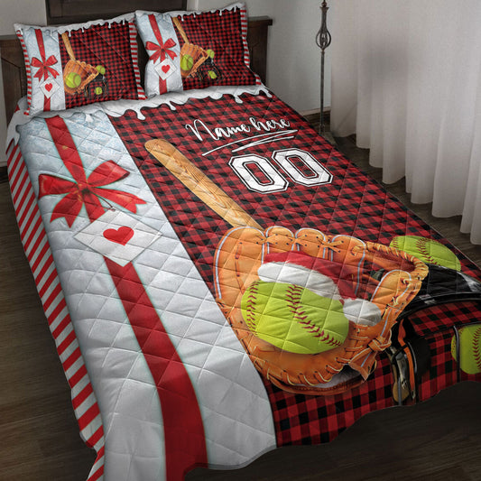Personalized Softball Quilt Set, Softball Santa Hat Withmas Quilt Blanket With Pillowcases, Custom Name and Number Quilt Bedding Set, Christmas Gift