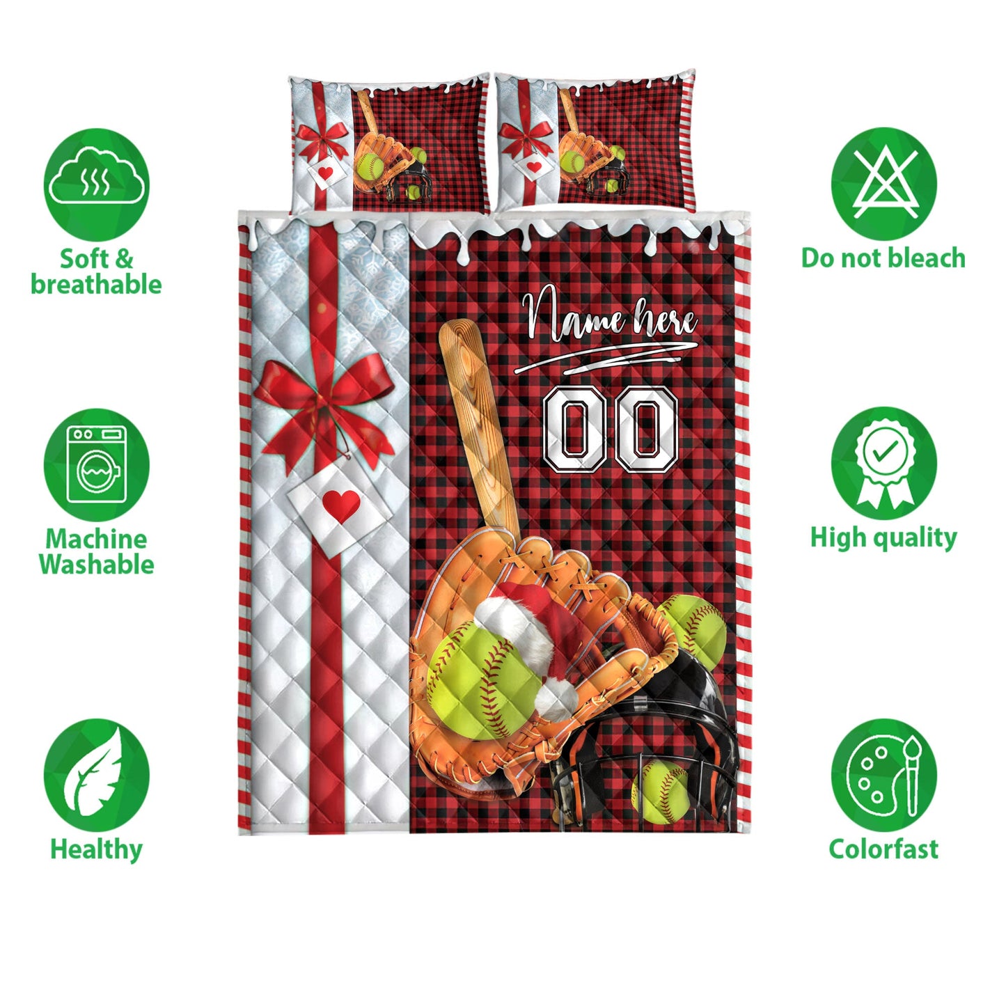 Personalized Softball Quilt Set, Softball Santa Hat Withmas Quilt Blanket With Pillowcases, Custom Name and Number Quilt Bedding Set, Christmas Gift