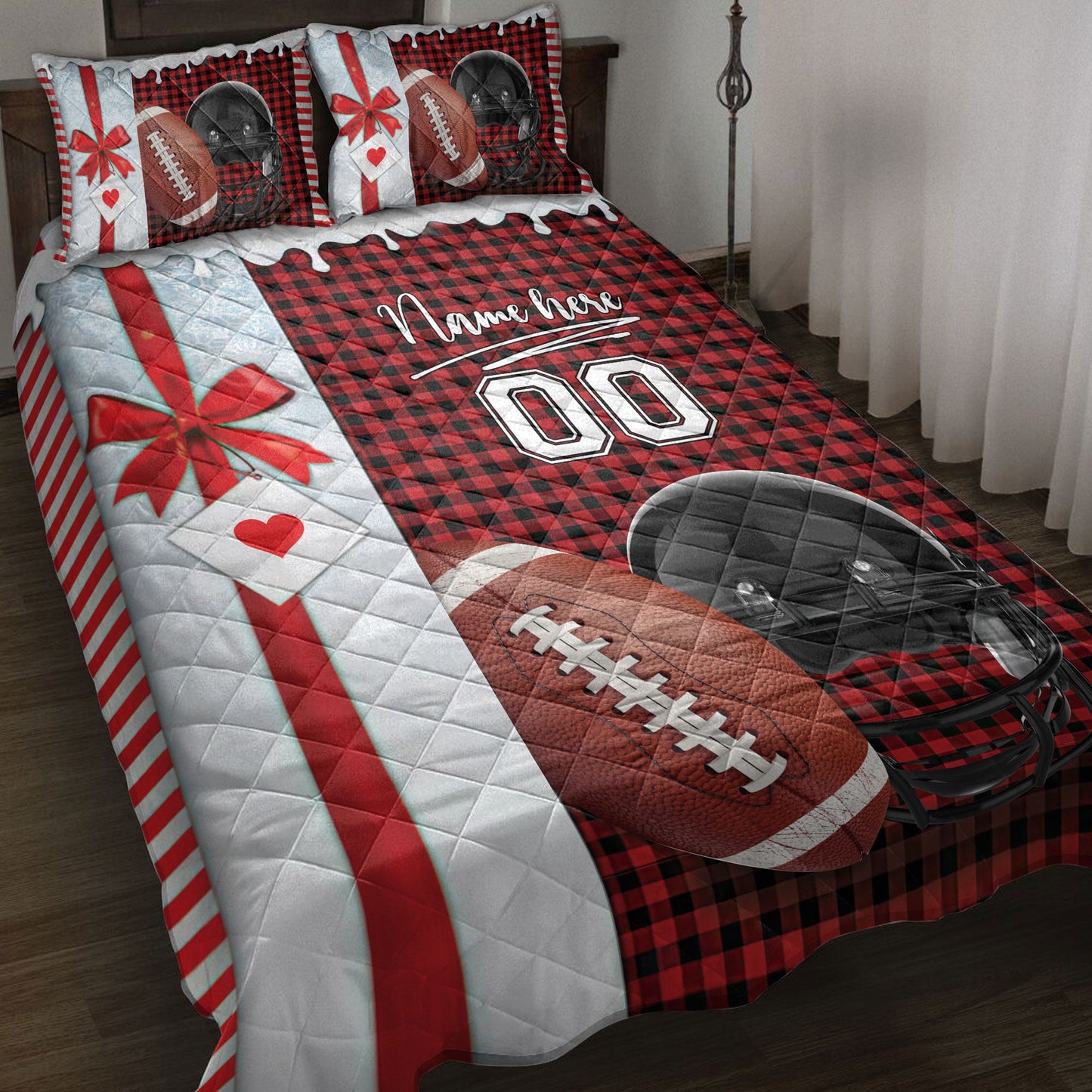 Personalized Football Quilt Set, Football Santa Hat Withmas Quilt Blanket With Pillowcases, Custom Name and Number Quilt Bedding Set, Christmas Gift