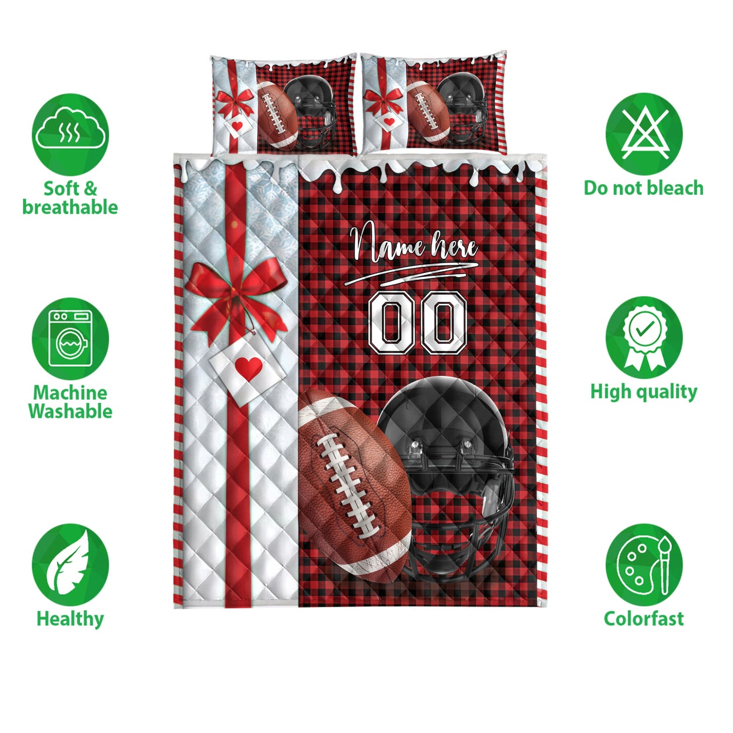 Personalized Football Quilt Set, Football Santa Hat Withmas Quilt Blanket With Pillowcases, Custom Name and Number Quilt Bedding Set, Christmas Gift