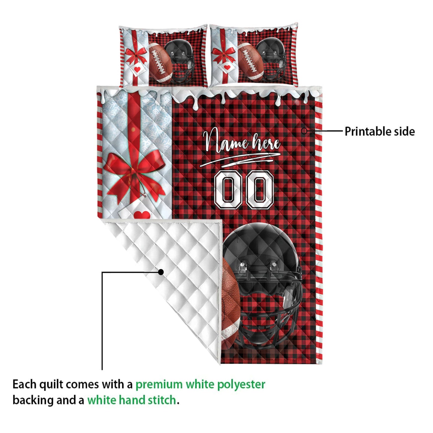 Personalized Football Quilt Set, Football Santa Hat Withmas Quilt Blanket With Pillowcases, Custom Name and Number Quilt Bedding Set, Christmas Gift