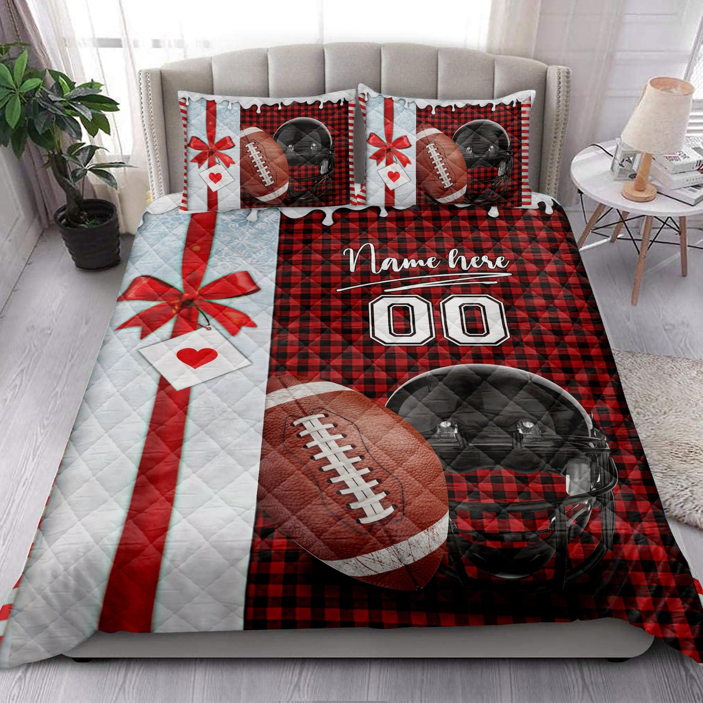 Personalized Football Quilt Set, Football Santa Hat Withmas Quilt Blanket With Pillowcases, Custom Name and Number Quilt Bedding Set, Christmas Gift