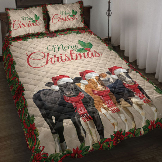 Cow Quilt Set, Merrymas Cow Cattle With Santa Hat Cow Quilt Blanket With Pillowcases, Quilt Bedding Set, Christmas Gift