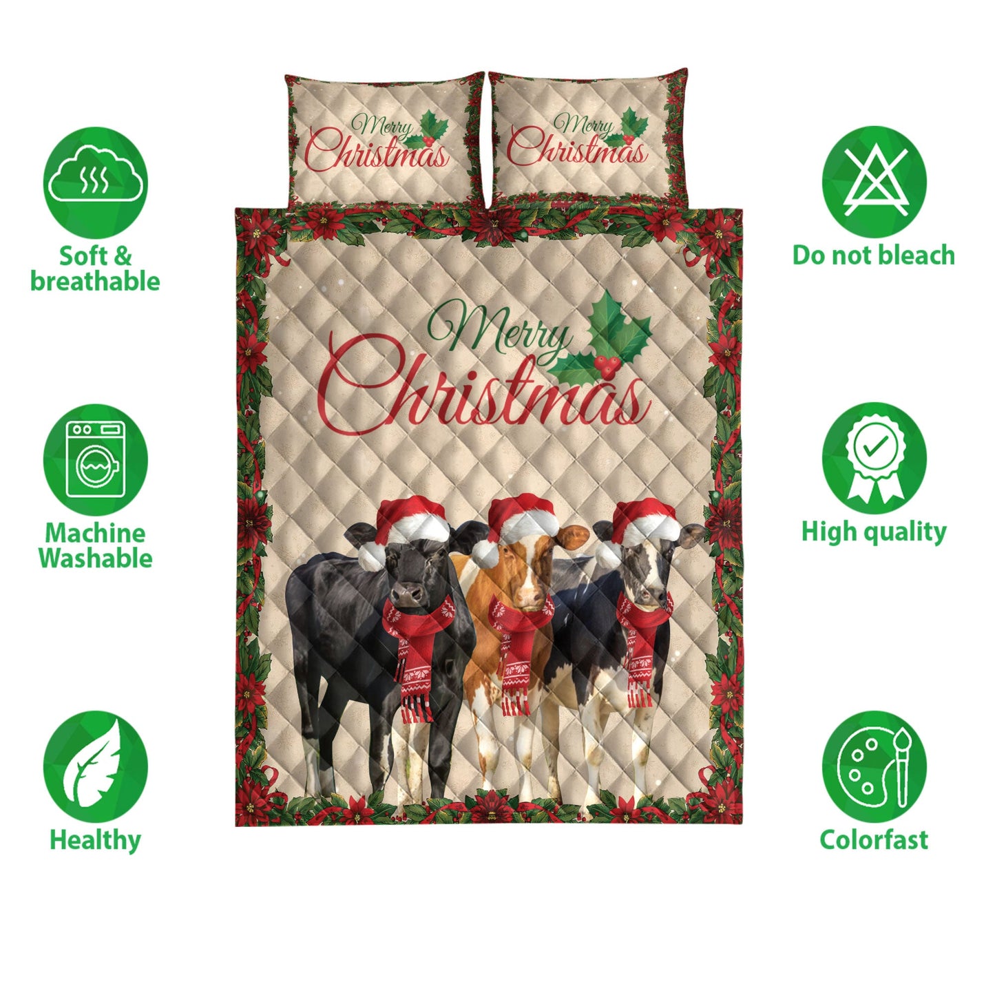 Cow Quilt Set, Merrymas Cow Cattle With Santa Hat Cow Quilt Blanket With Pillowcases, Quilt Bedding Set, Christmas Gift