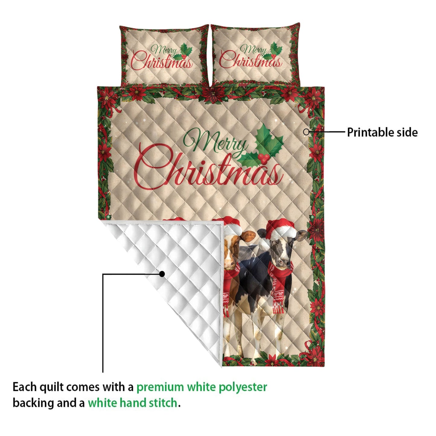 Cow Quilt Set, Merrymas Cow Cattle With Santa Hat Cow Quilt Blanket With Pillowcases, Quilt Bedding Set, Christmas Gift