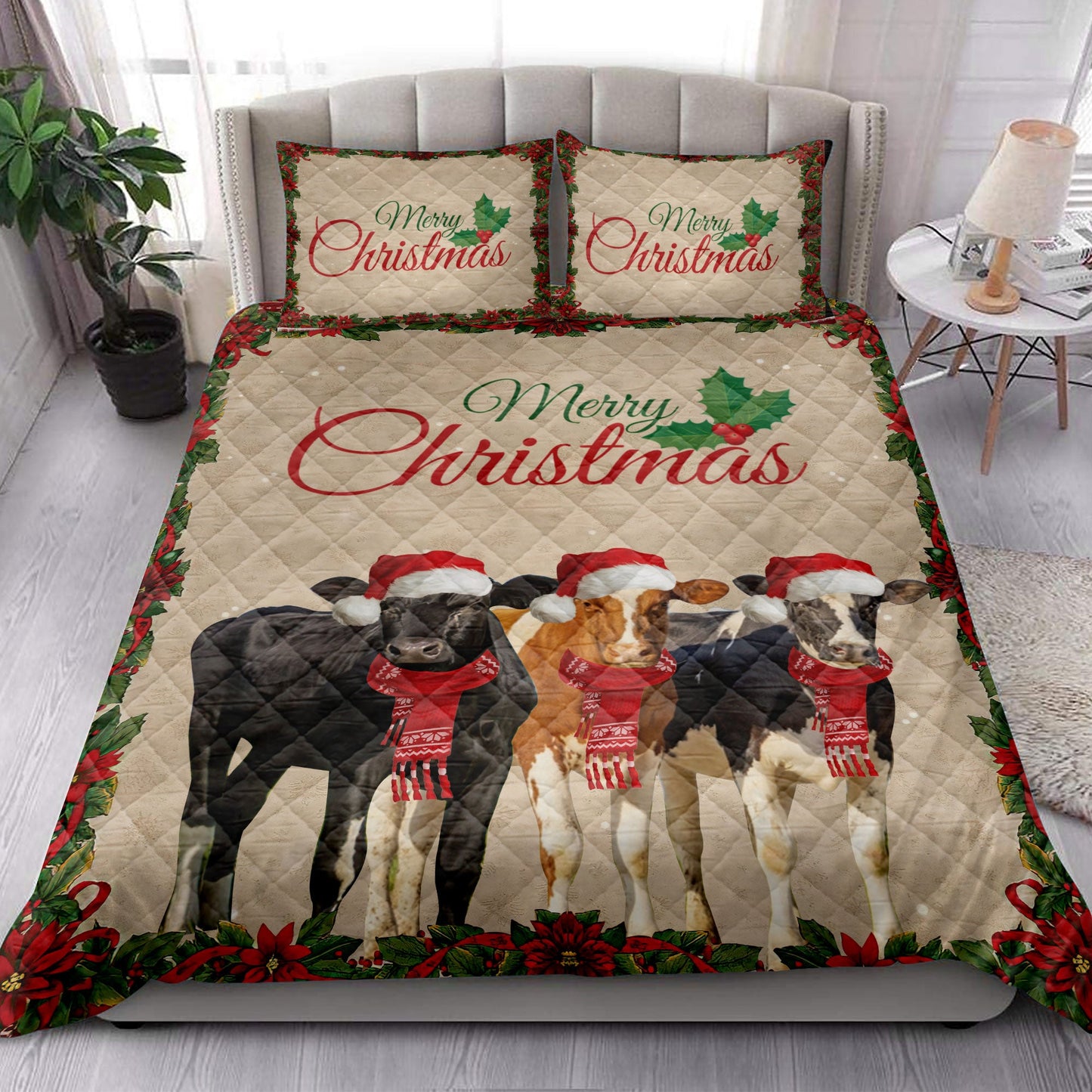 Cow Quilt Set, Merrymas Cow Cattle With Santa Hat Cow Quilt Blanket With Pillowcases, Quilt Bedding Set, Christmas Gift