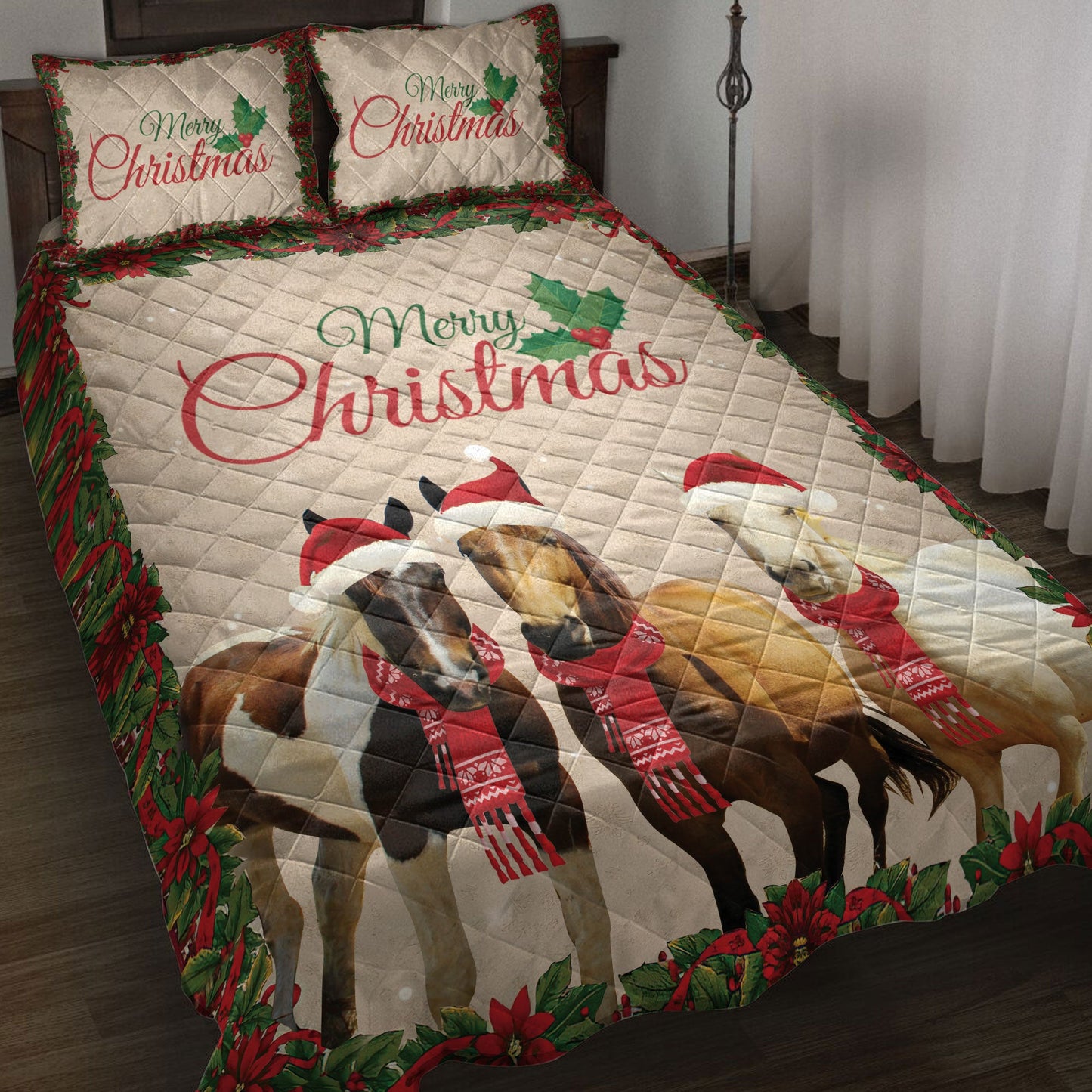 Horse Quilt Set, Merrymas Horse With Santa Hat Horse Quilt Blanket With Pillowcases, Quilt Bedding Set, Christmas Gift