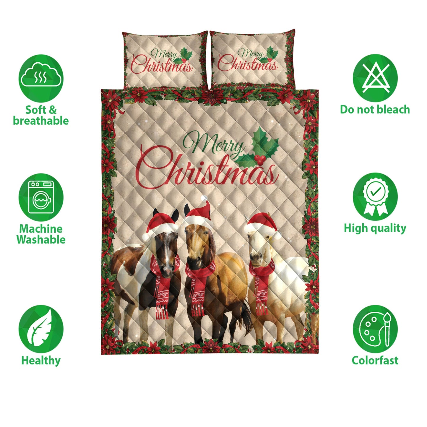 Horse Quilt Set, Merrymas Horse With Santa Hat Horse Quilt Blanket With Pillowcases, Quilt Bedding Set, Christmas Gift