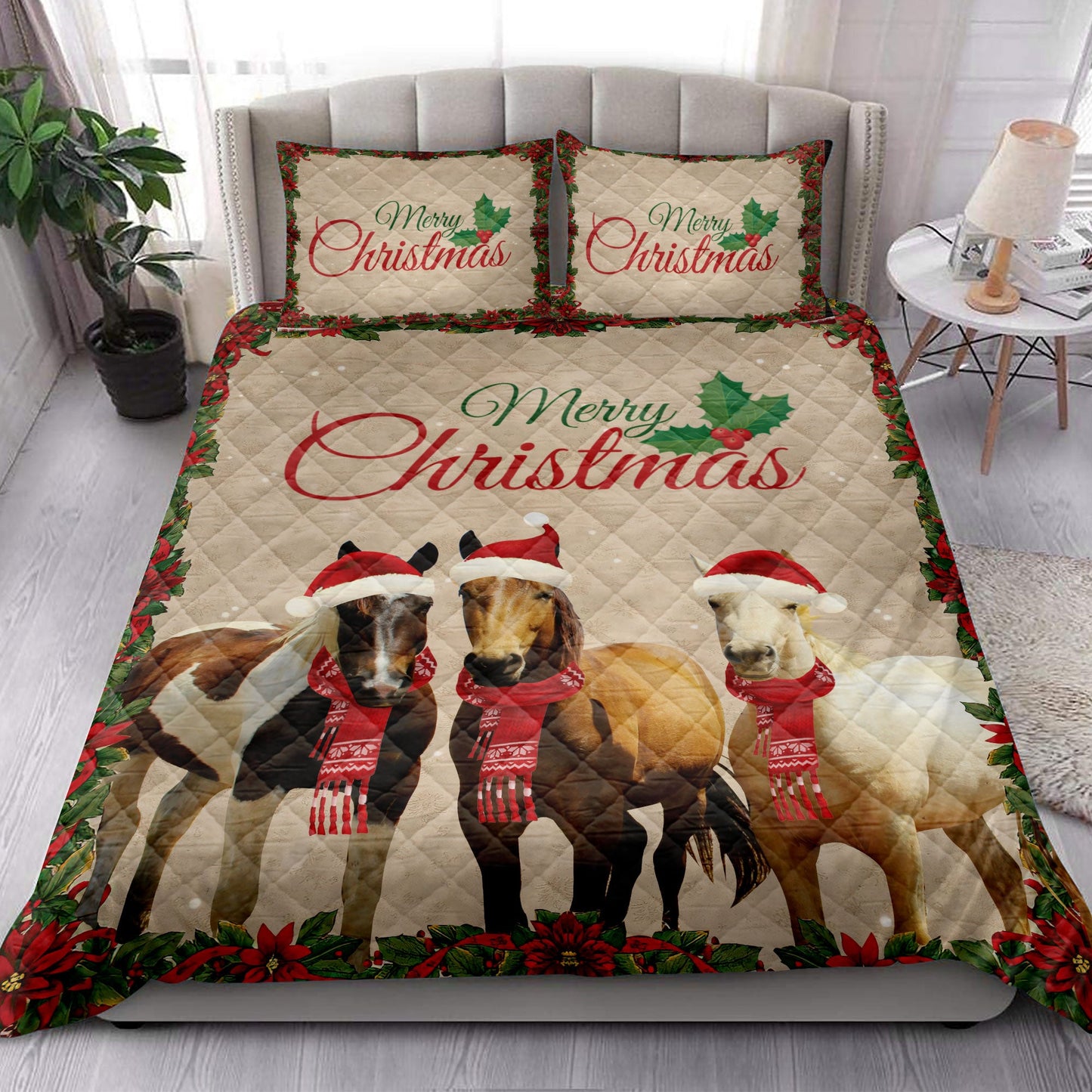 Horse Quilt Set, Merrymas Horse With Santa Hat Horse Quilt Blanket With Pillowcases, Quilt Bedding Set, Christmas Gift