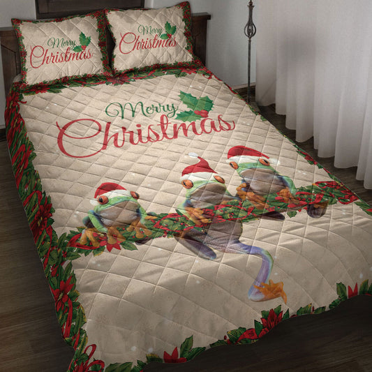 Frog Quilt Set, Merrymas Frog With Santa Hat Frog Quilt Blanket With Pillowcases, Quilt Bedding Set, Christmas Gift