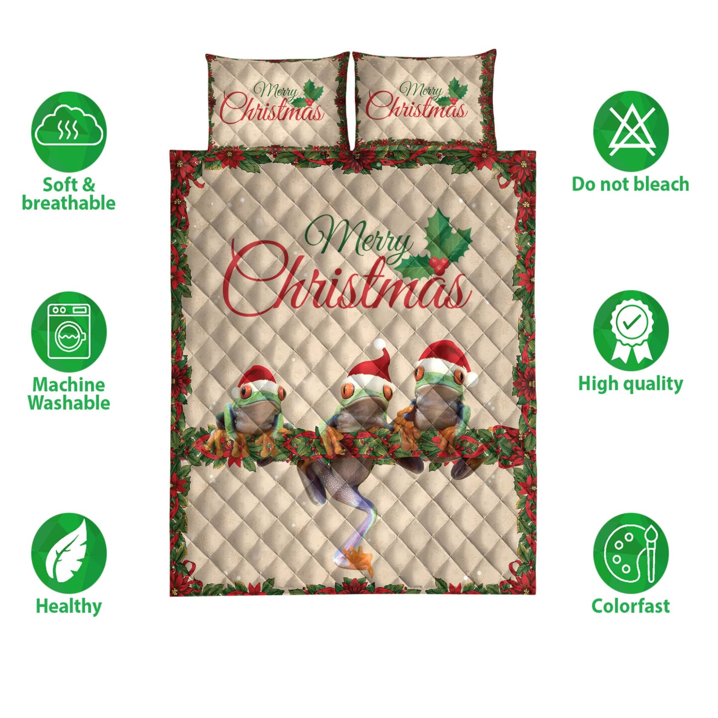 Frog Quilt Set, Merrymas Frog With Santa Hat Frog Quilt Blanket With Pillowcases, Quilt Bedding Set, Christmas Gift