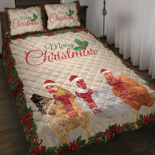 Chicken Quilt Set, Merrymas Chicken With Santa Hat Chicken Quilt Blanket With Pillowcases, Quilt Bedding Set, Christmas Gift