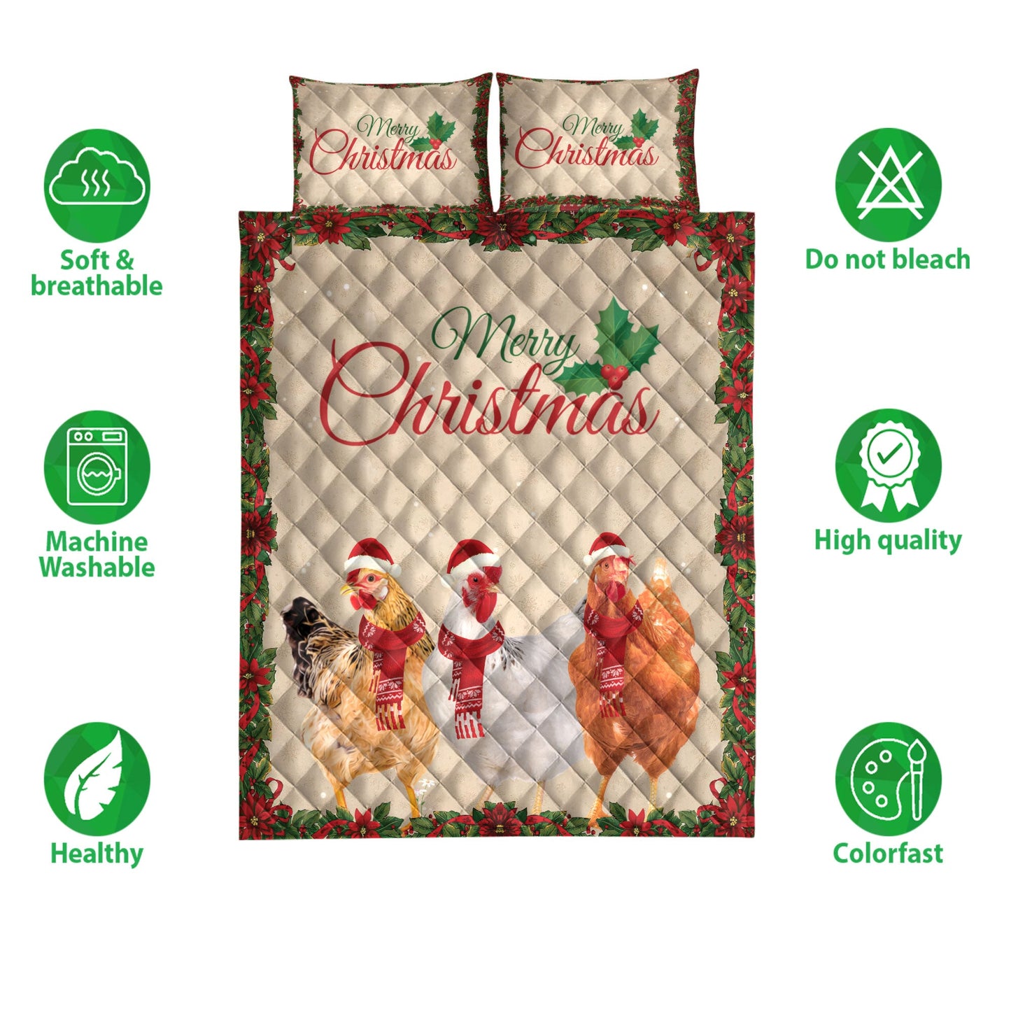 Chicken Quilt Set, Merrymas Chicken With Santa Hat Chicken Quilt Blanket With Pillowcases, Quilt Bedding Set, Christmas Gift