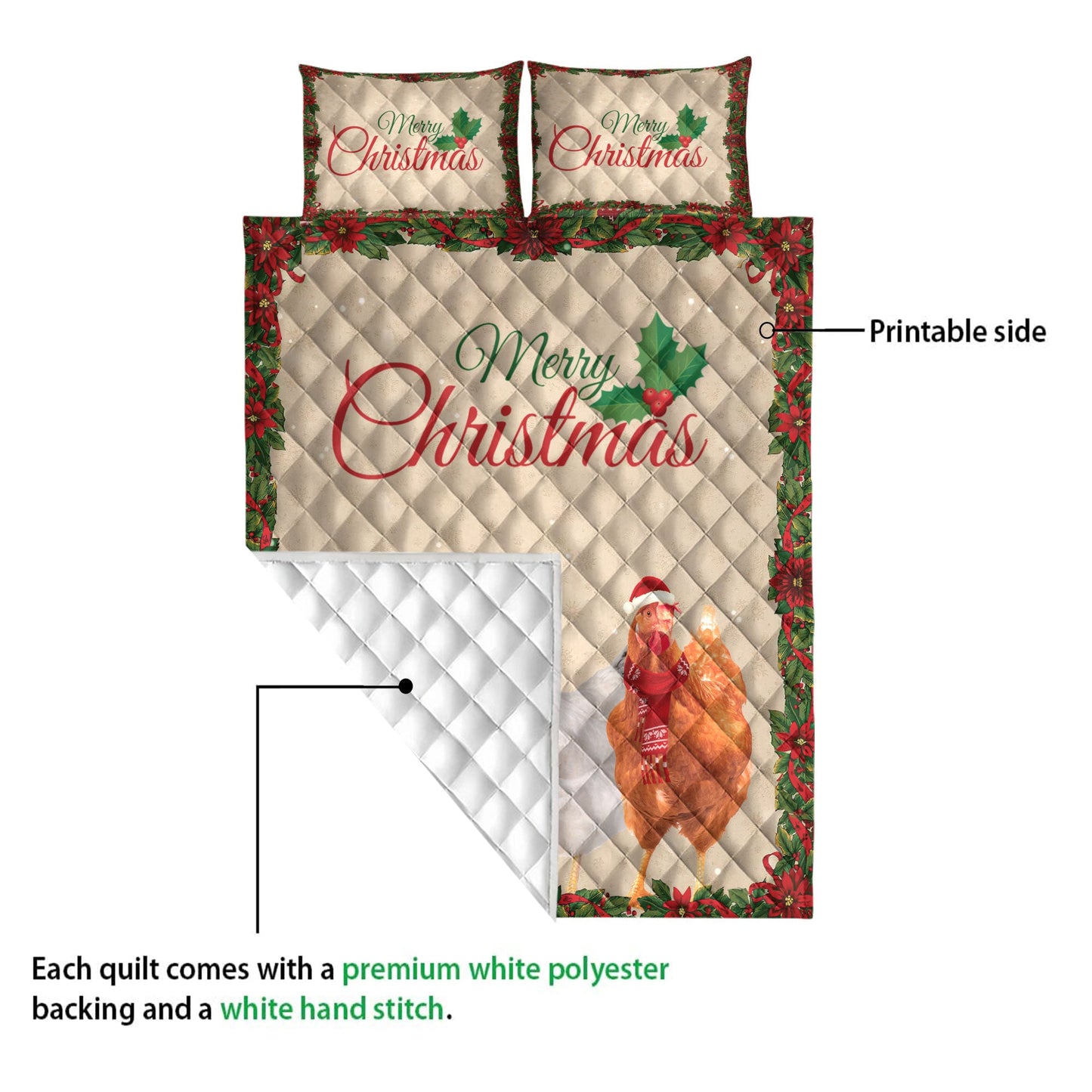 Chicken Quilt Set, Merrymas Chicken With Santa Hat Chicken Quilt Blanket With Pillowcases, Quilt Bedding Set, Christmas Gift
