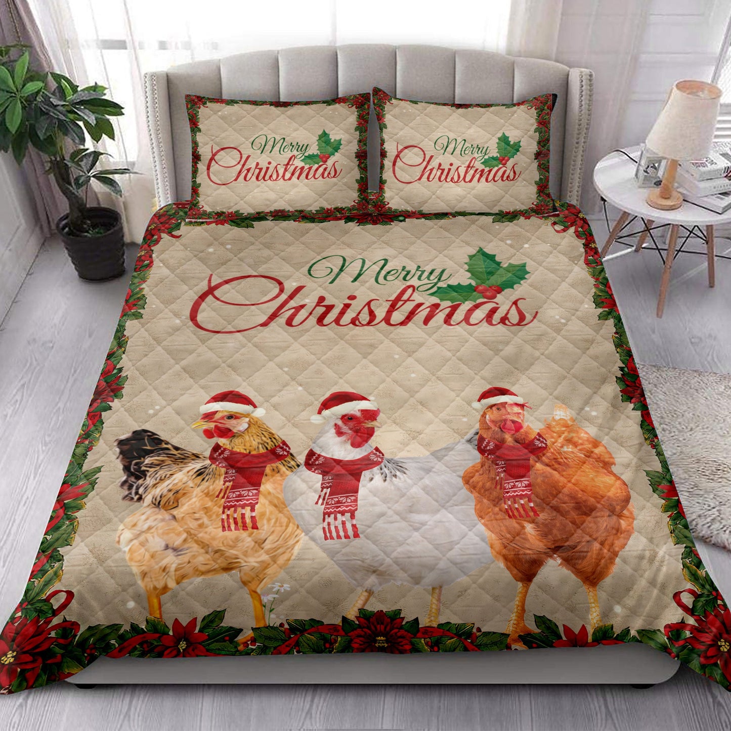 Chicken Quilt Set, Merrymas Chicken With Santa Hat Chicken Quilt Blanket With Pillowcases, Quilt Bedding Set, Christmas Gift