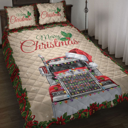 Trucker Quilt Set, Merrymas Red Truck With Santa Hat Trucker Quilt Blanket With Pillowcases, Quilt Bedding Set, Christmas Gift