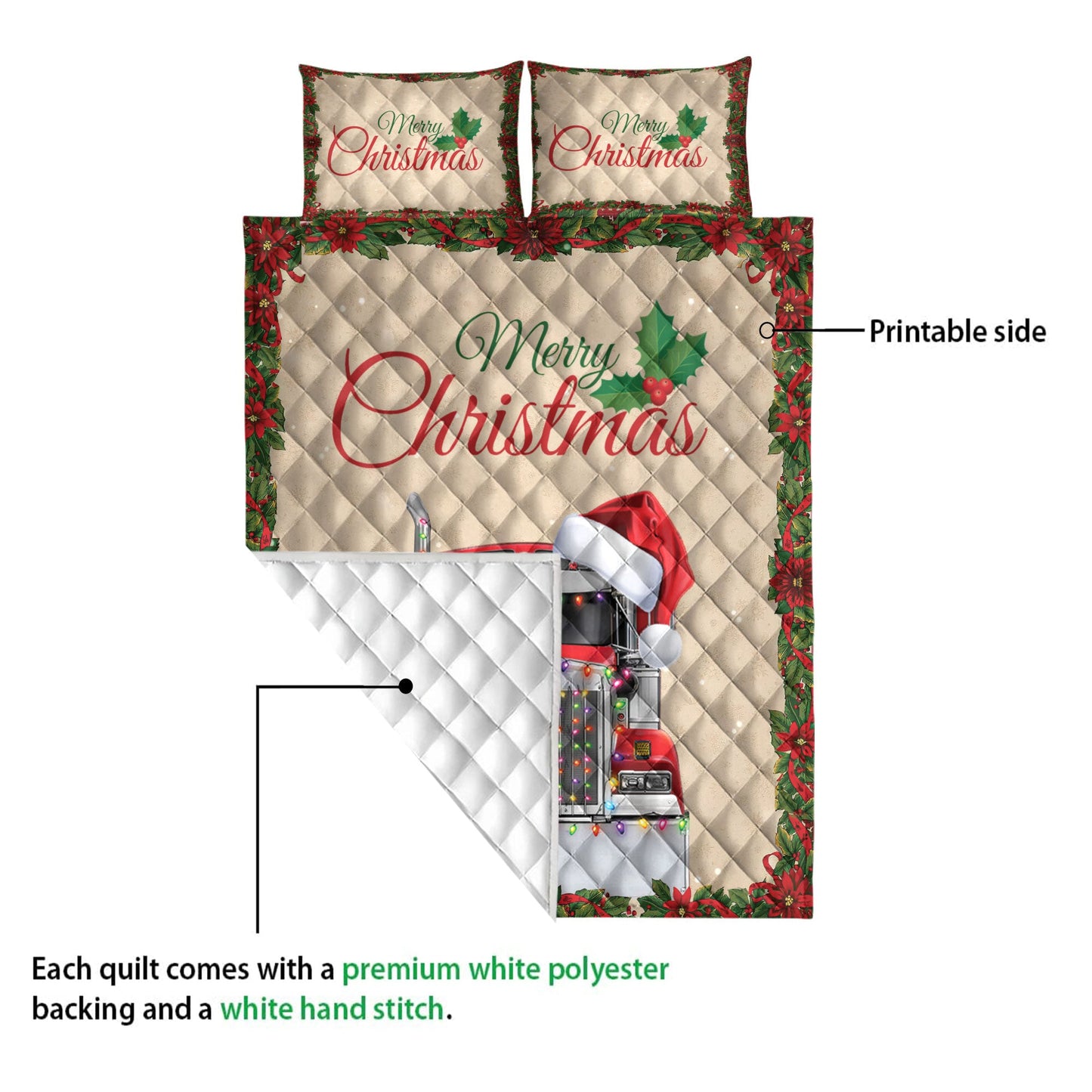 Trucker Quilt Set, Merrymas Red Truck With Santa Hat Trucker Quilt Blanket With Pillowcases, Quilt Bedding Set, Christmas Gift