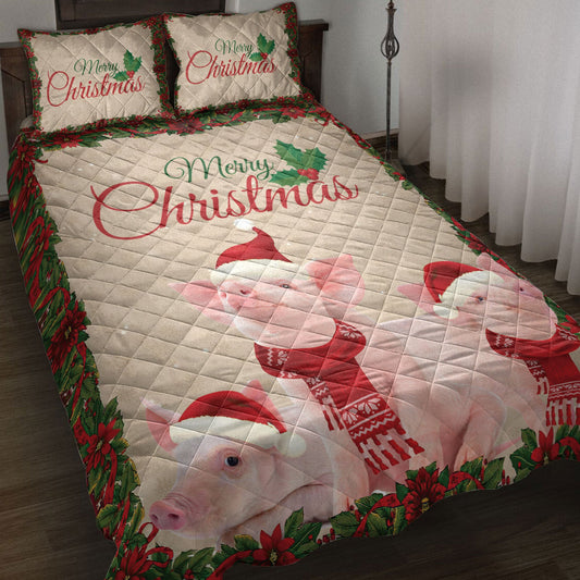 Pig Quilt Set, Merrymas Pig With Santa Hat Pig Quilt Blanket With Pillowcases, Quilt Bedding Set, Christmas Gift
