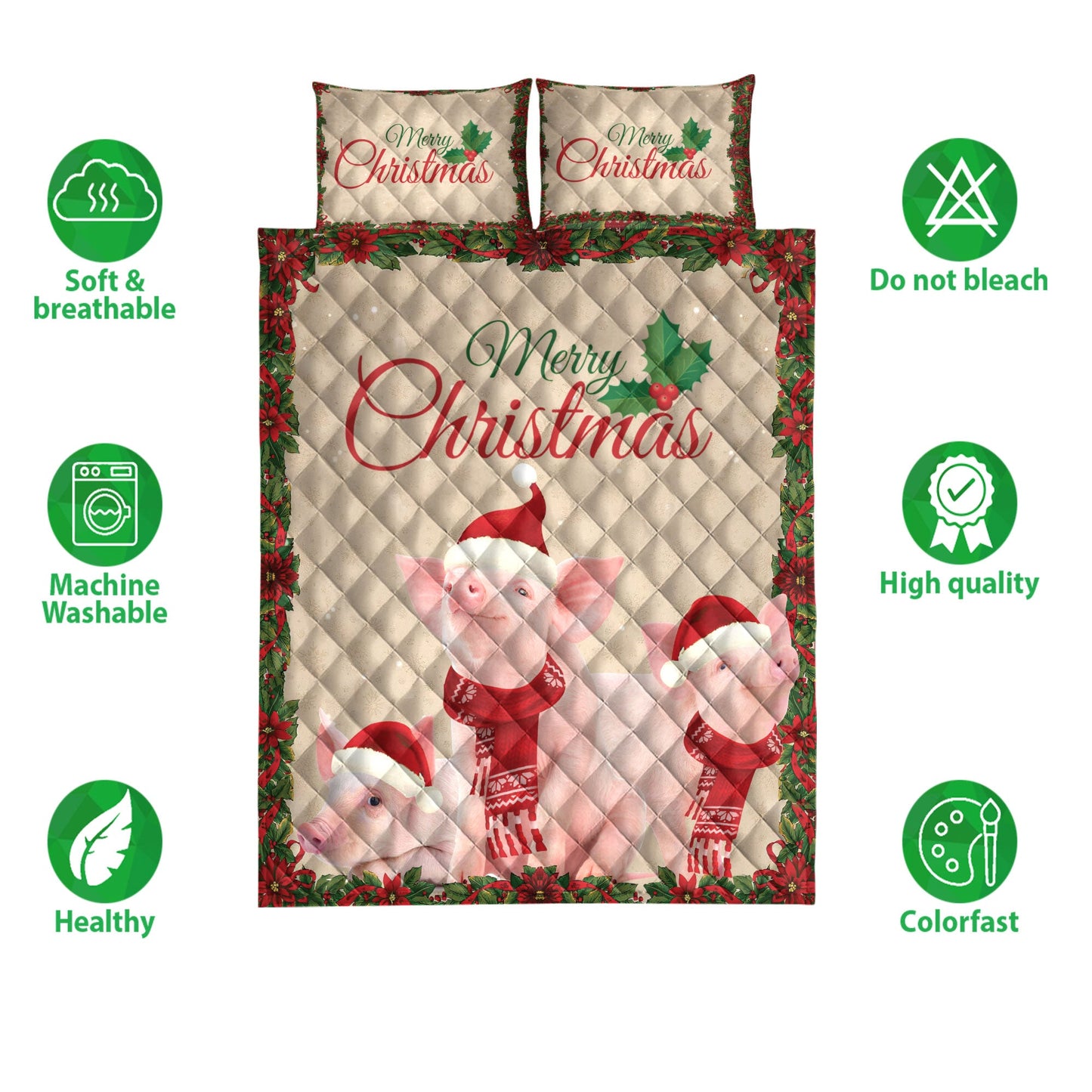 Pig Quilt Set, Merrymas Pig With Santa Hat Pig Quilt Blanket With Pillowcases, Quilt Bedding Set, Christmas Gift