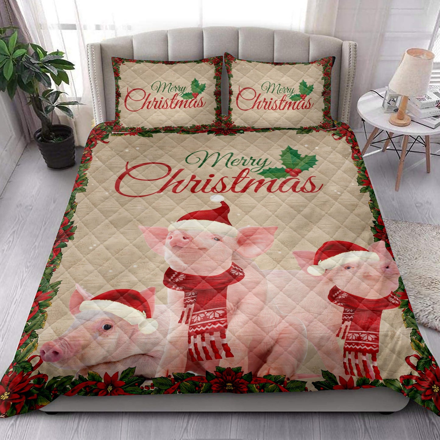 Pig Quilt Set, Merrymas Pig With Santa Hat Pig Quilt Blanket With Pillowcases, Quilt Bedding Set, Christmas Gift