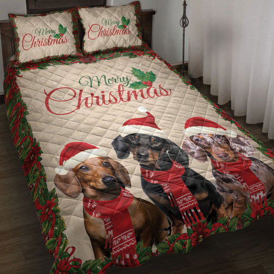Dachshund Quilt Set, Merrymas Dachshund With Santa Hat Dog Quilt Blanket With Pillowcases, Quilt Bedding Set, Christmas Gift