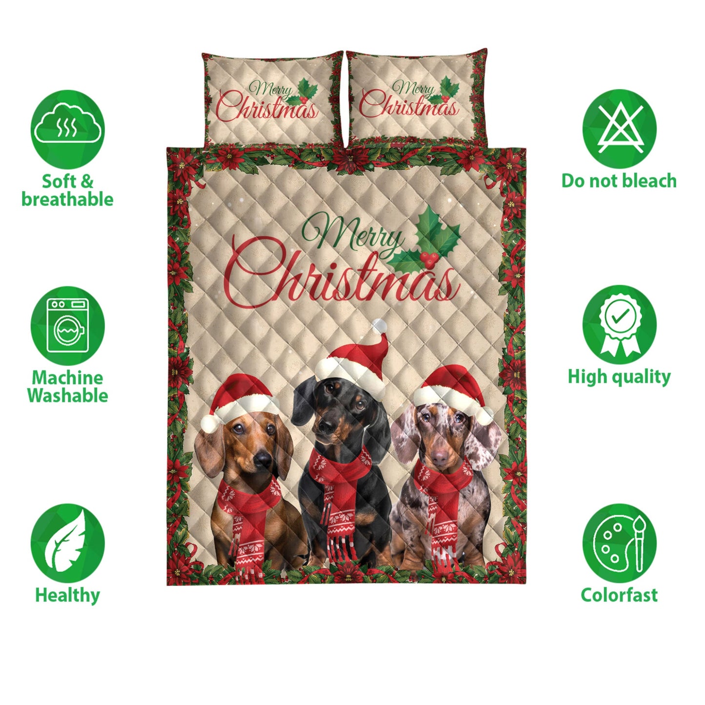 Dachshund Quilt Set, Merrymas Dachshund With Santa Hat Dog Quilt Blanket With Pillowcases, Quilt Bedding Set, Christmas Gift