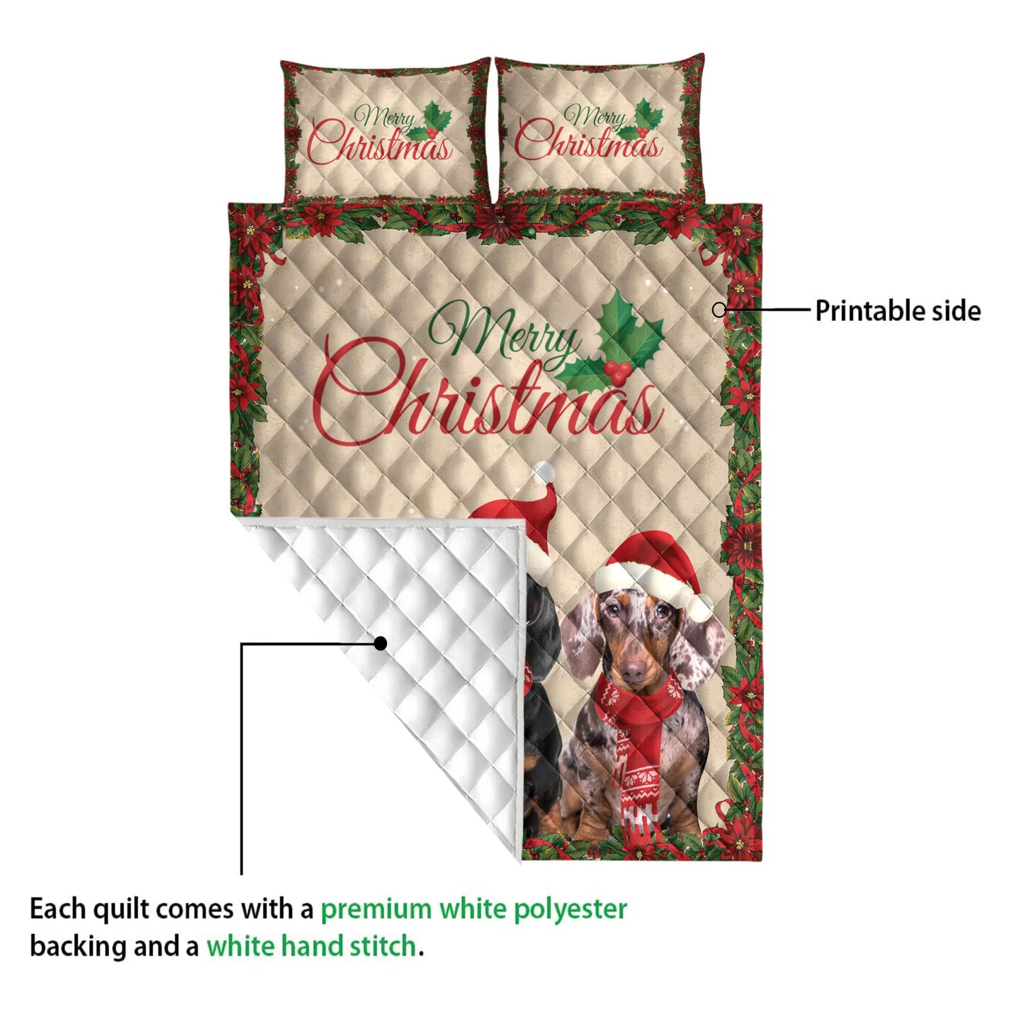 Dachshund Quilt Set, Merrymas Dachshund With Santa Hat Dog Quilt Blanket With Pillowcases, Quilt Bedding Set, Christmas Gift