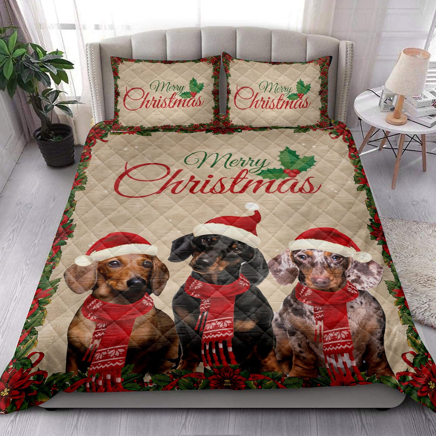 Dachshund Quilt Set, Merrymas Dachshund With Santa Hat Dog Quilt Blanket With Pillowcases, Quilt Bedding Set, Christmas Gift
