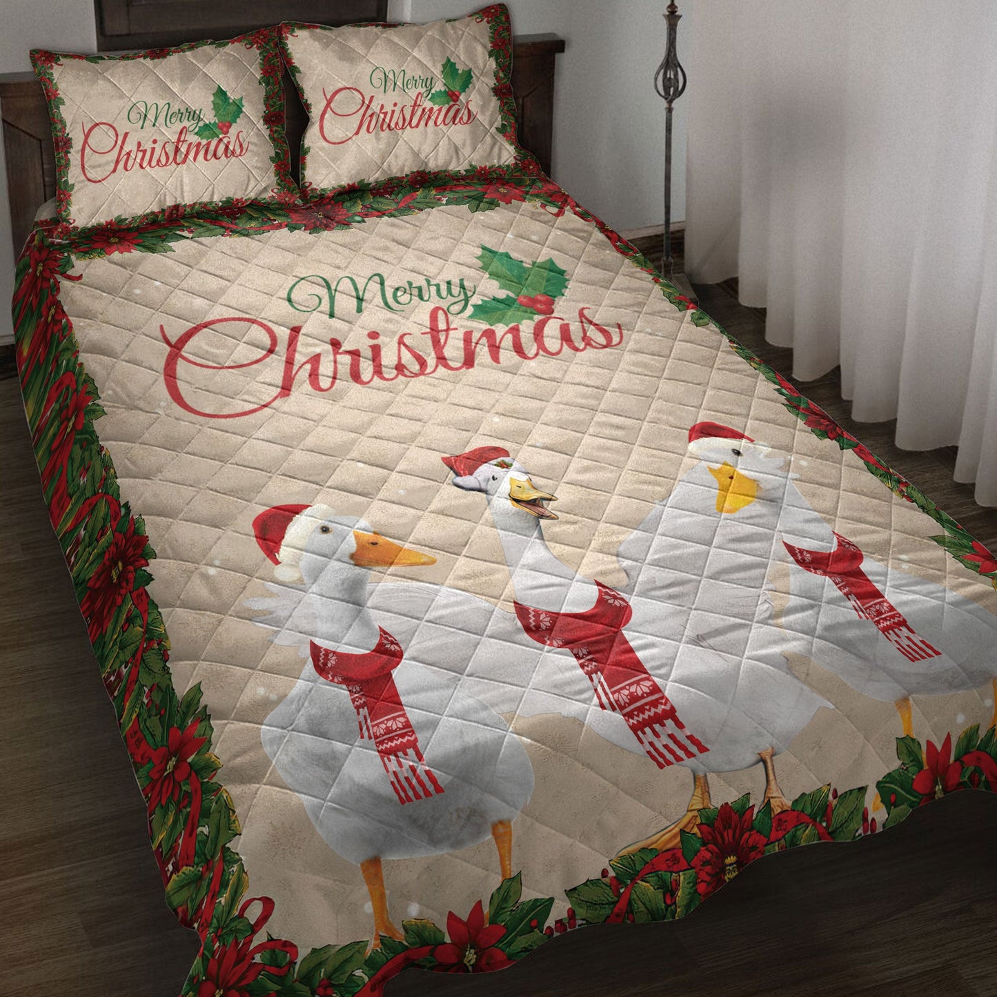 Duck Quilt Set, Merrymas Duck With Santa Hat Duck Quilt Blanket With Pillowcases, Quilt Bedding Set, Christmas Gift