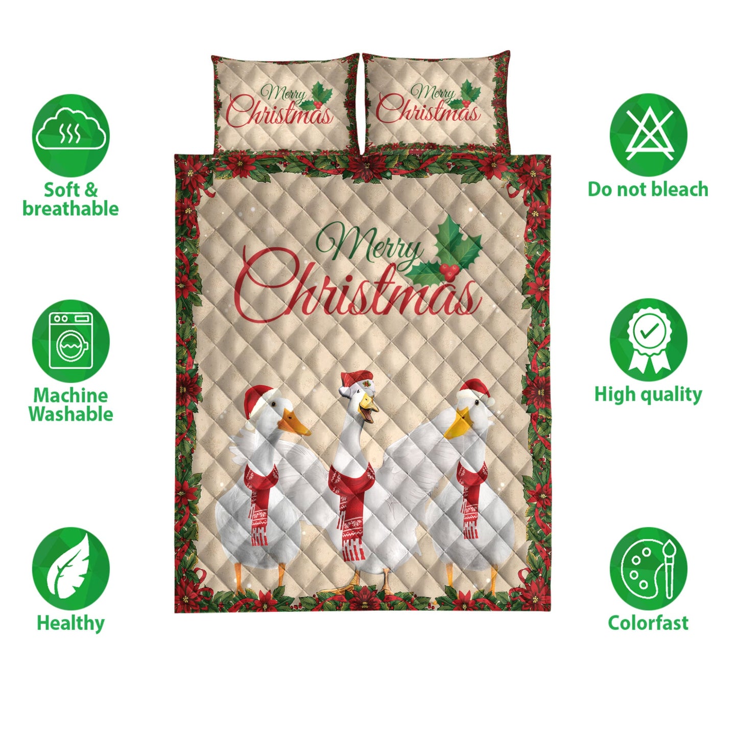 Duck Quilt Set, Merrymas Duck With Santa Hat Duck Quilt Blanket With Pillowcases, Quilt Bedding Set, Christmas Gift